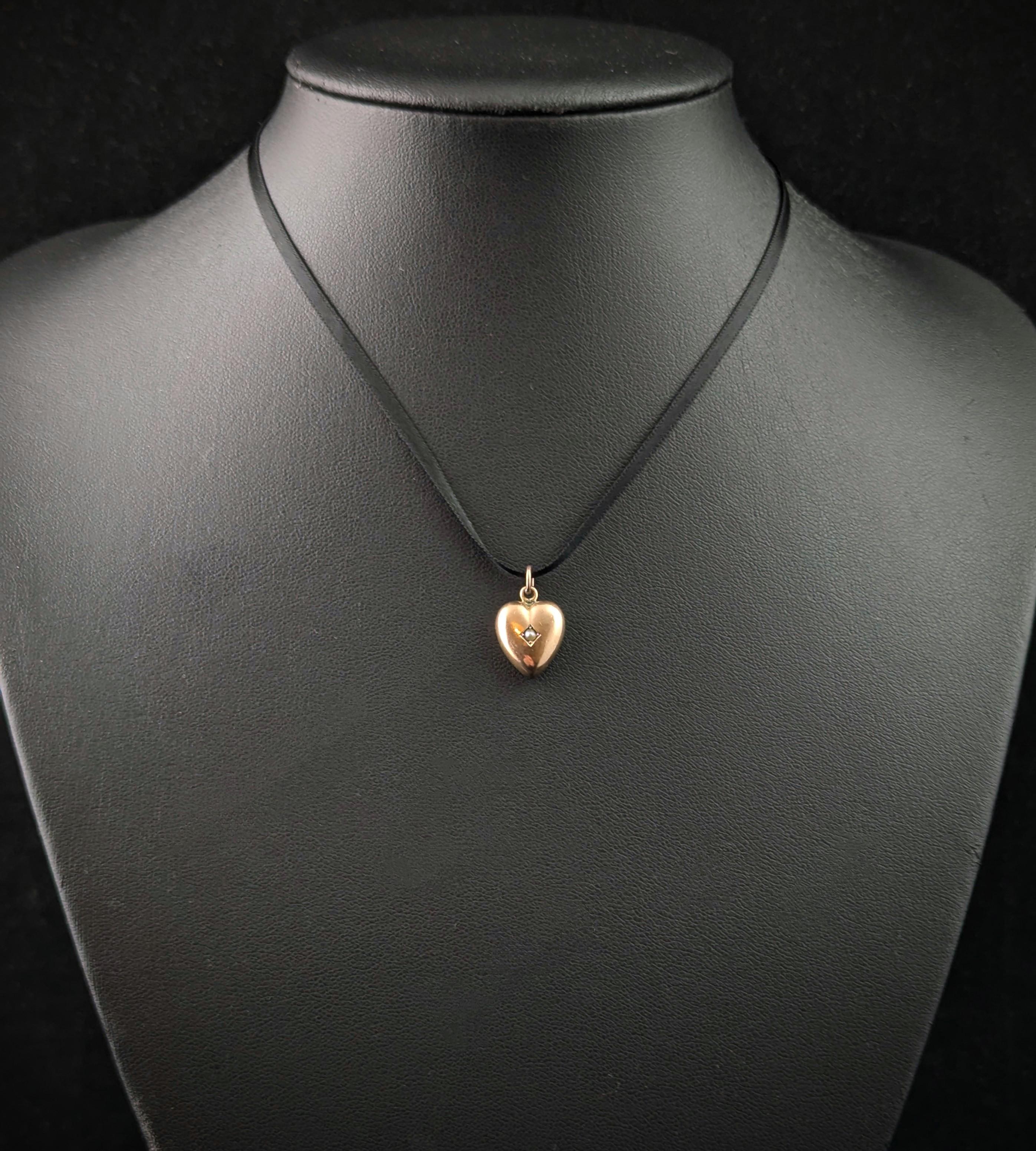 Donna Antico ciondolo a cuore gonfio in oro rosa 9k, perla in vendita