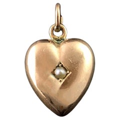 Antique 9k Rose gold puffy heart pendant, Pearl