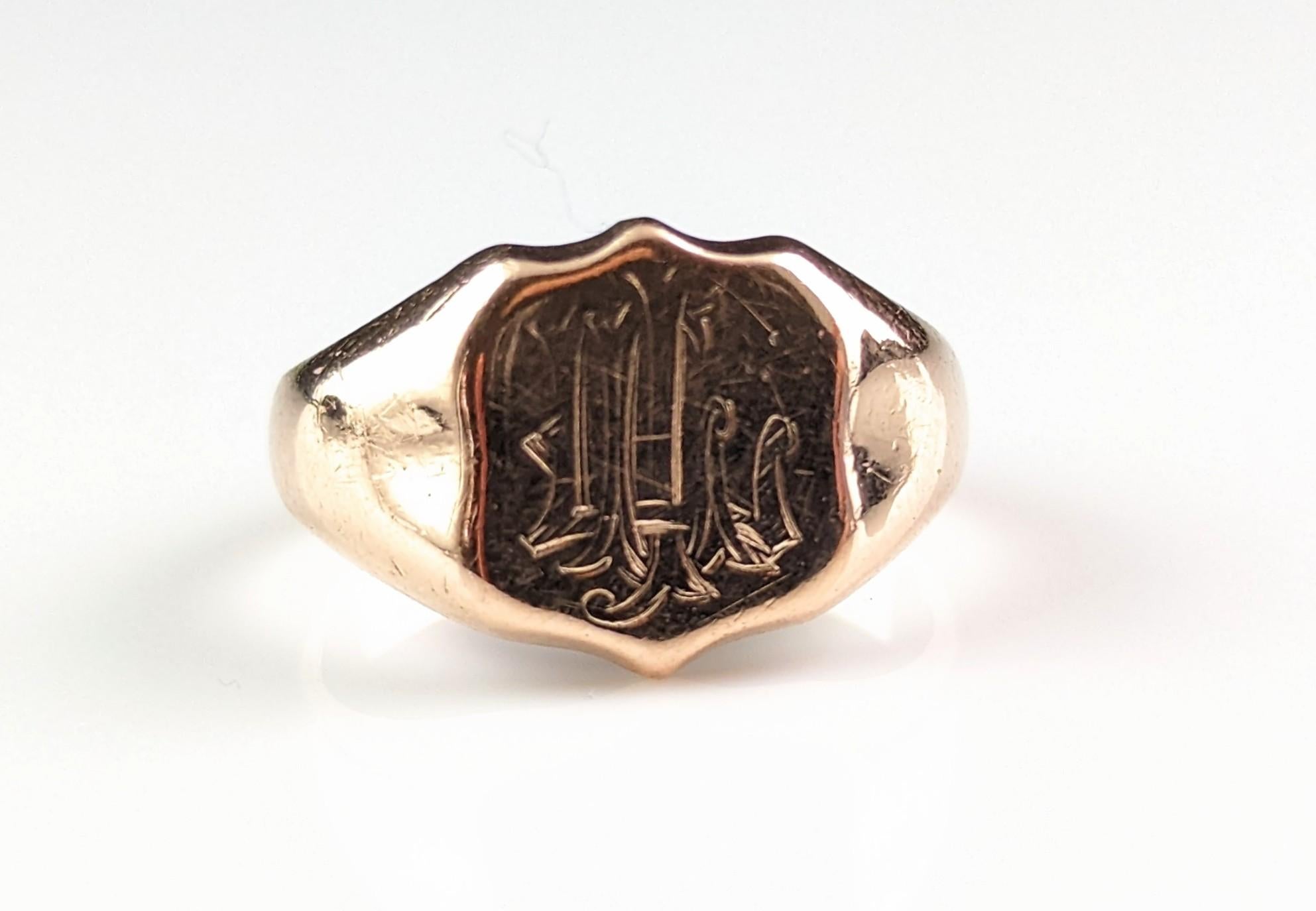 Antiker Siegelring aus 9 Karat Roségold, rosafarbener Ring, Art déco, Monogrammiert  11