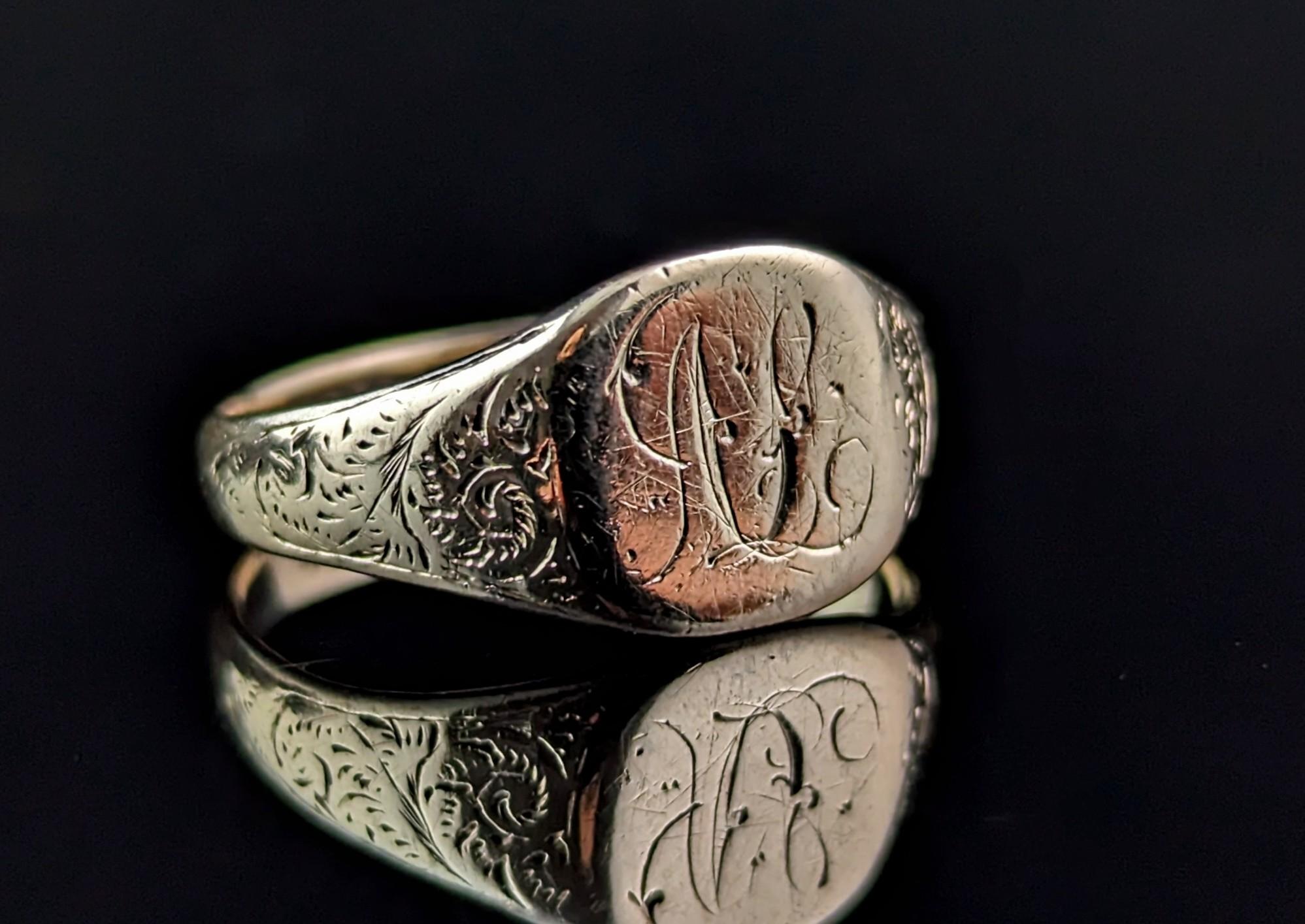 Women's or Men's Antique 9k rose gold signet ring, Pinky ring, engraved 