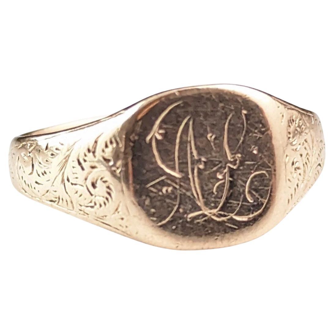 Antique 9k rose gold signet ring, Pinky ring, engraved 
