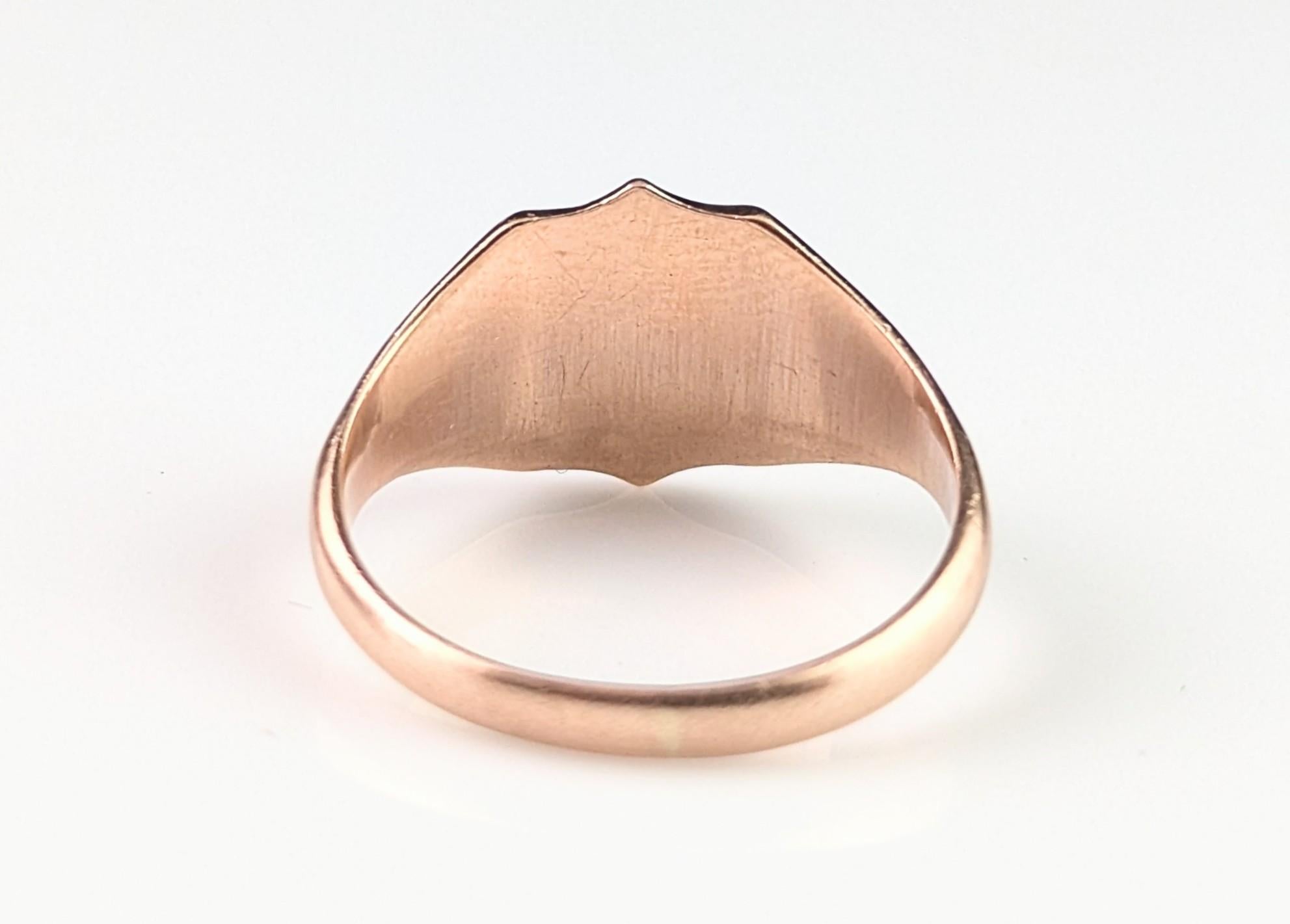 Antique 9k Rose gold signet ring, Shield shaped, Monogrammed For Sale 9