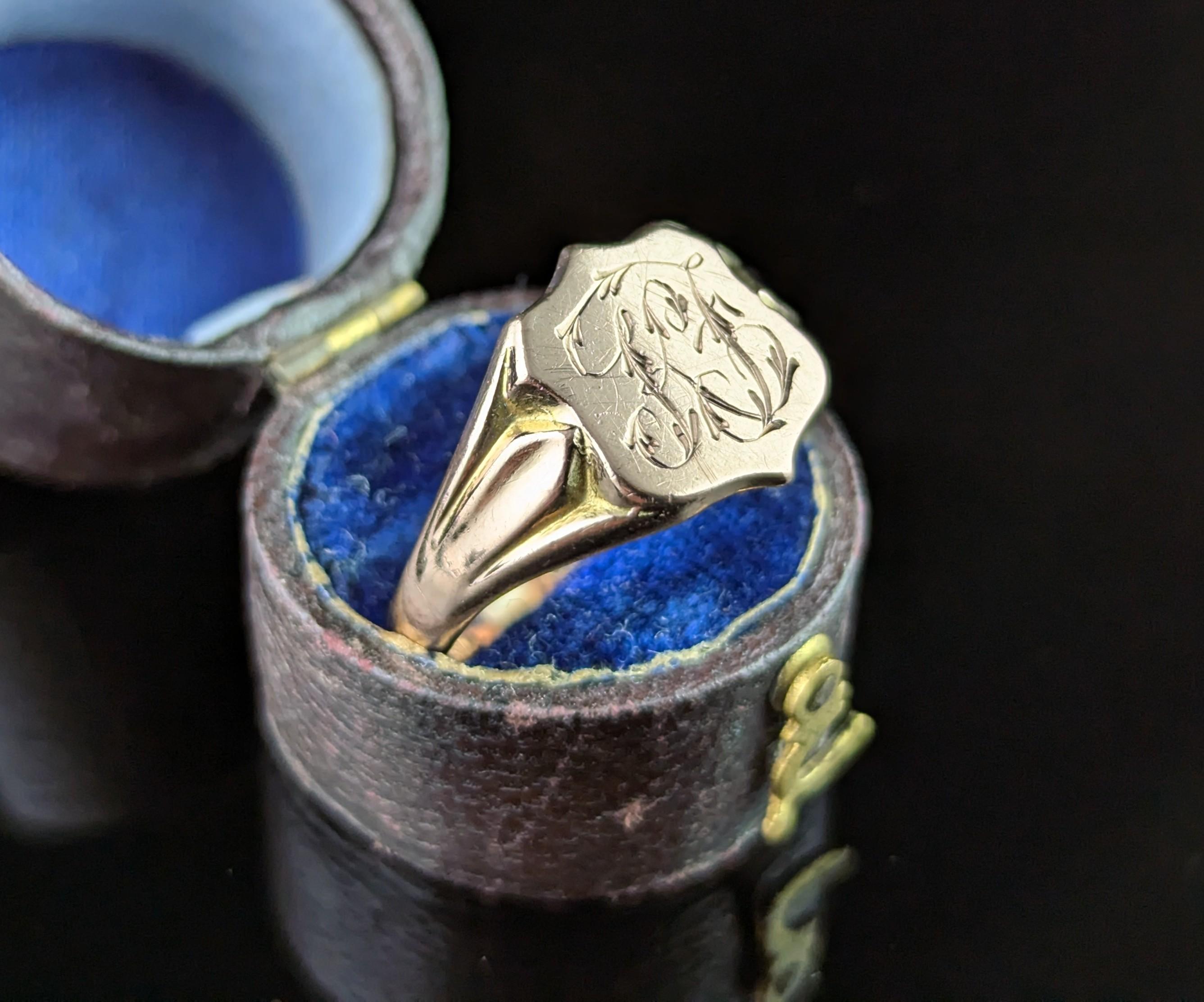 Women's or Men's Antique 9k Rose gold signet ring, Shield shaped, Monogrammed For Sale