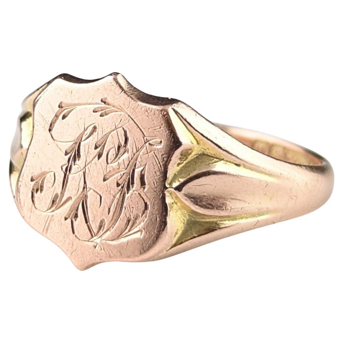 Antique 9k Rose gold signet ring, Shield shaped, Monogrammed
