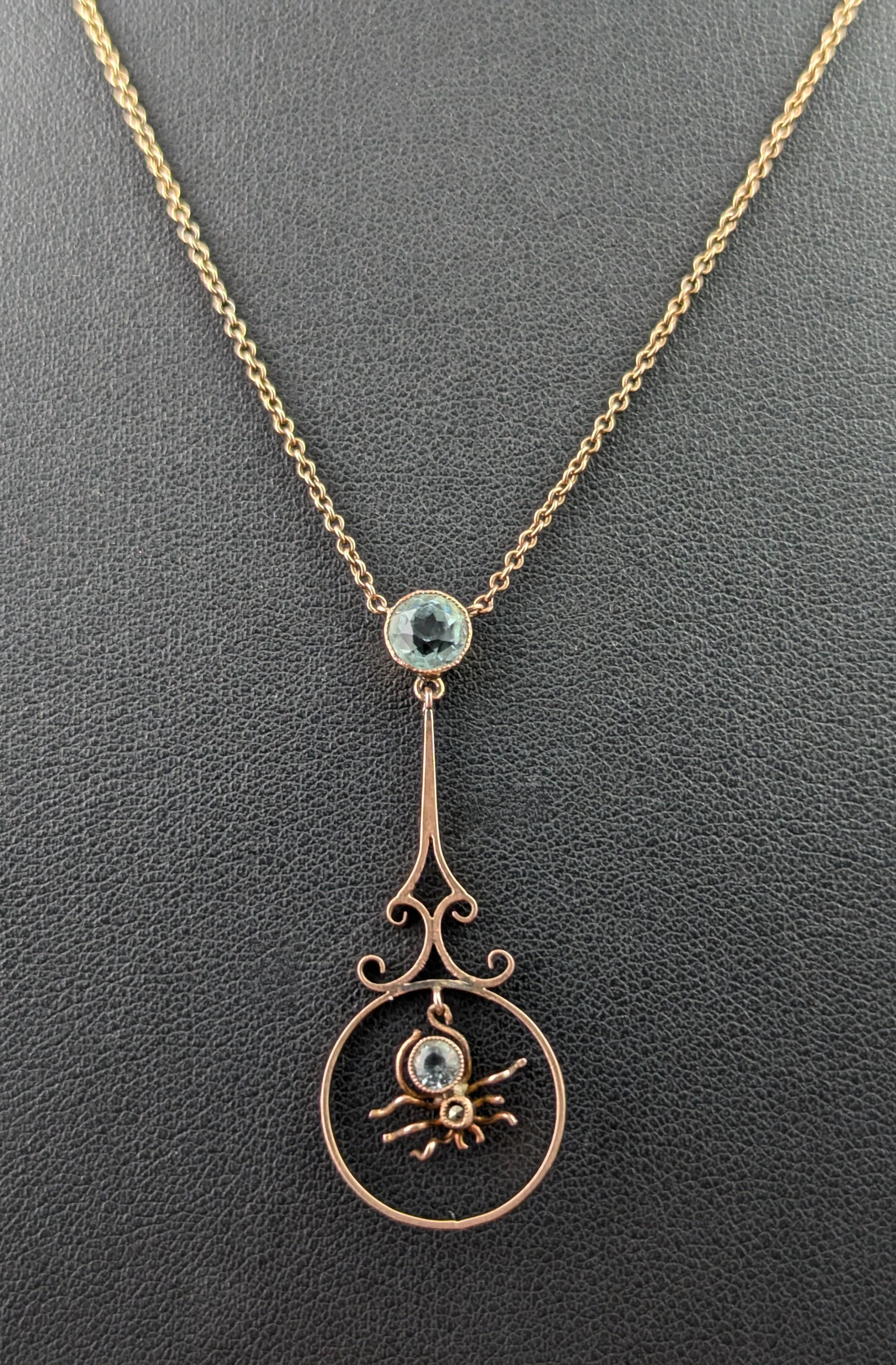 Antique 9k Rose gold Spider pendant necklace, Blue paste For Sale 5