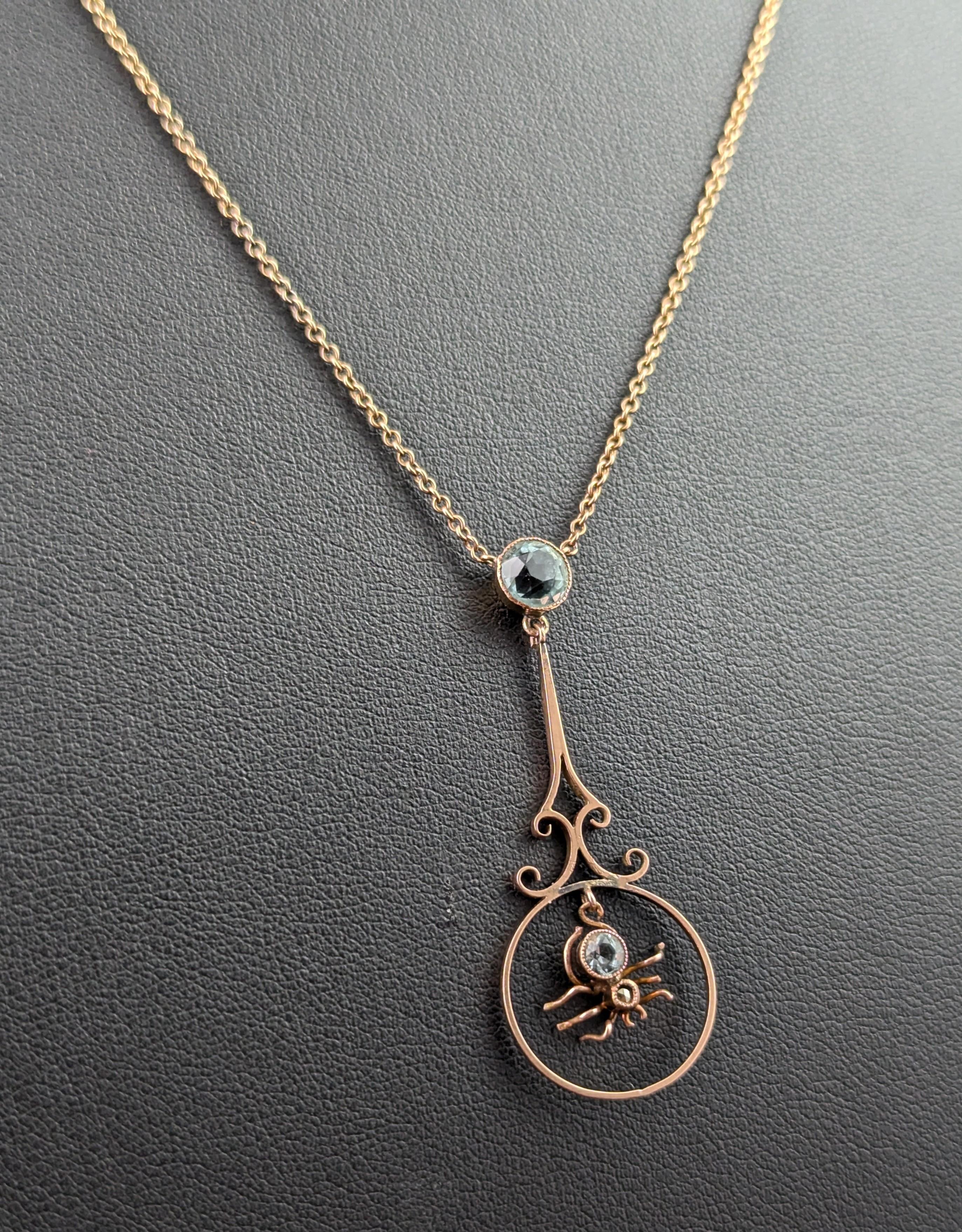Antique 9k Rose gold Spider pendant necklace, Blue paste For Sale 6