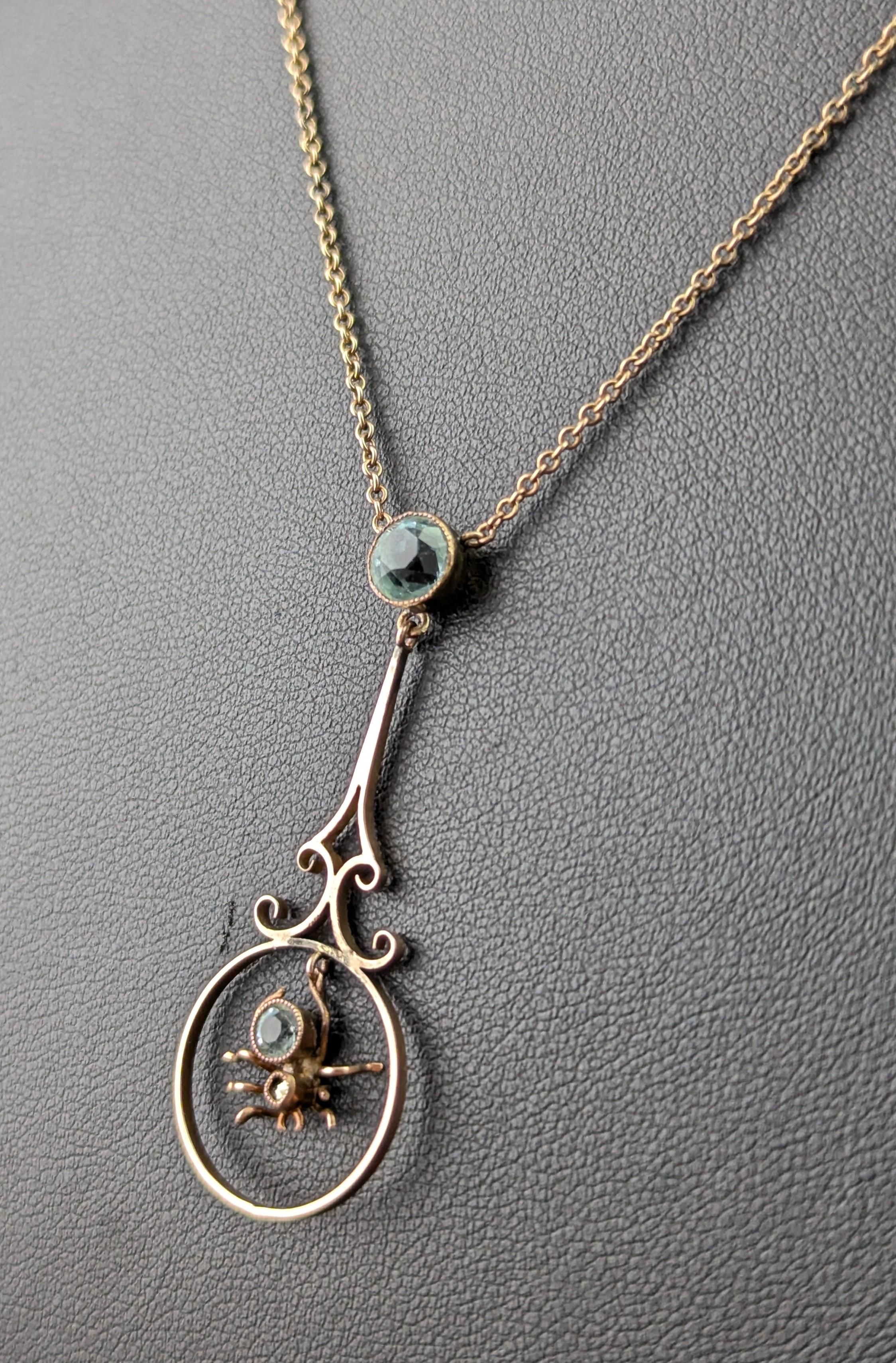 Antique 9k Rose gold Spider pendant necklace, Blue paste For Sale 7