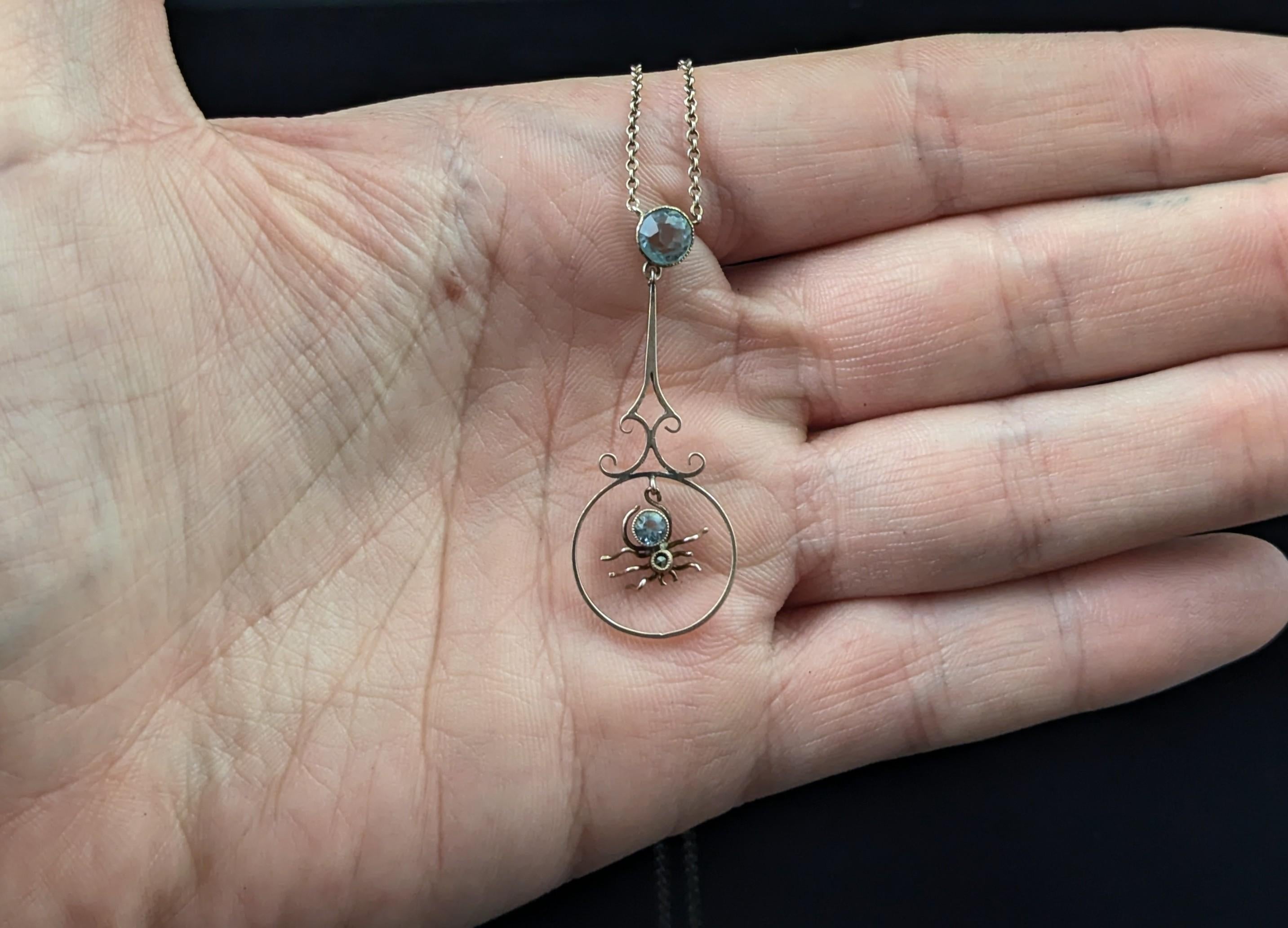 Antique 9k Rose gold Spider pendant necklace, Blue paste For Sale 8