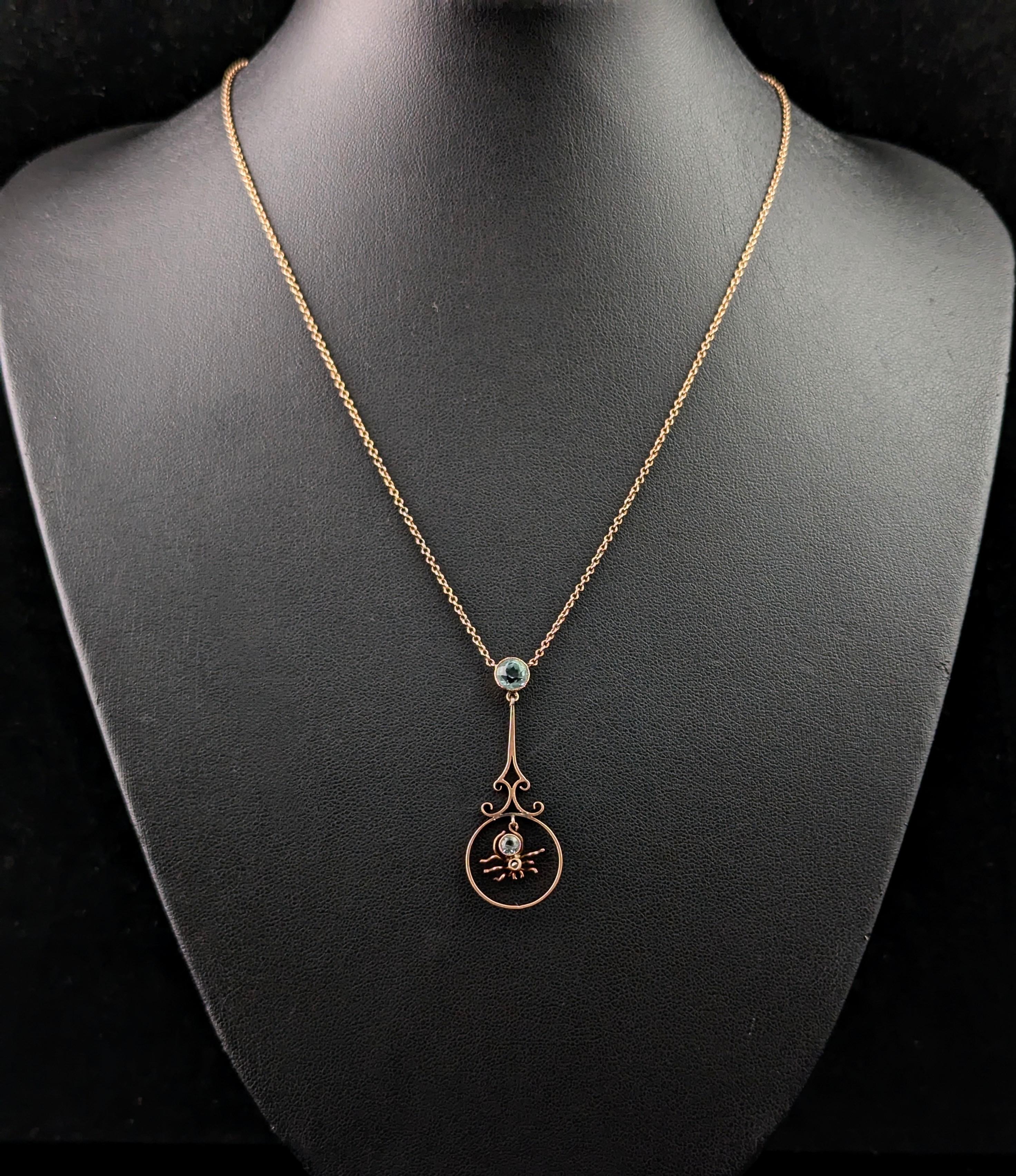 Antique 9k Rose gold Spider pendant necklace, Blue paste For Sale 9