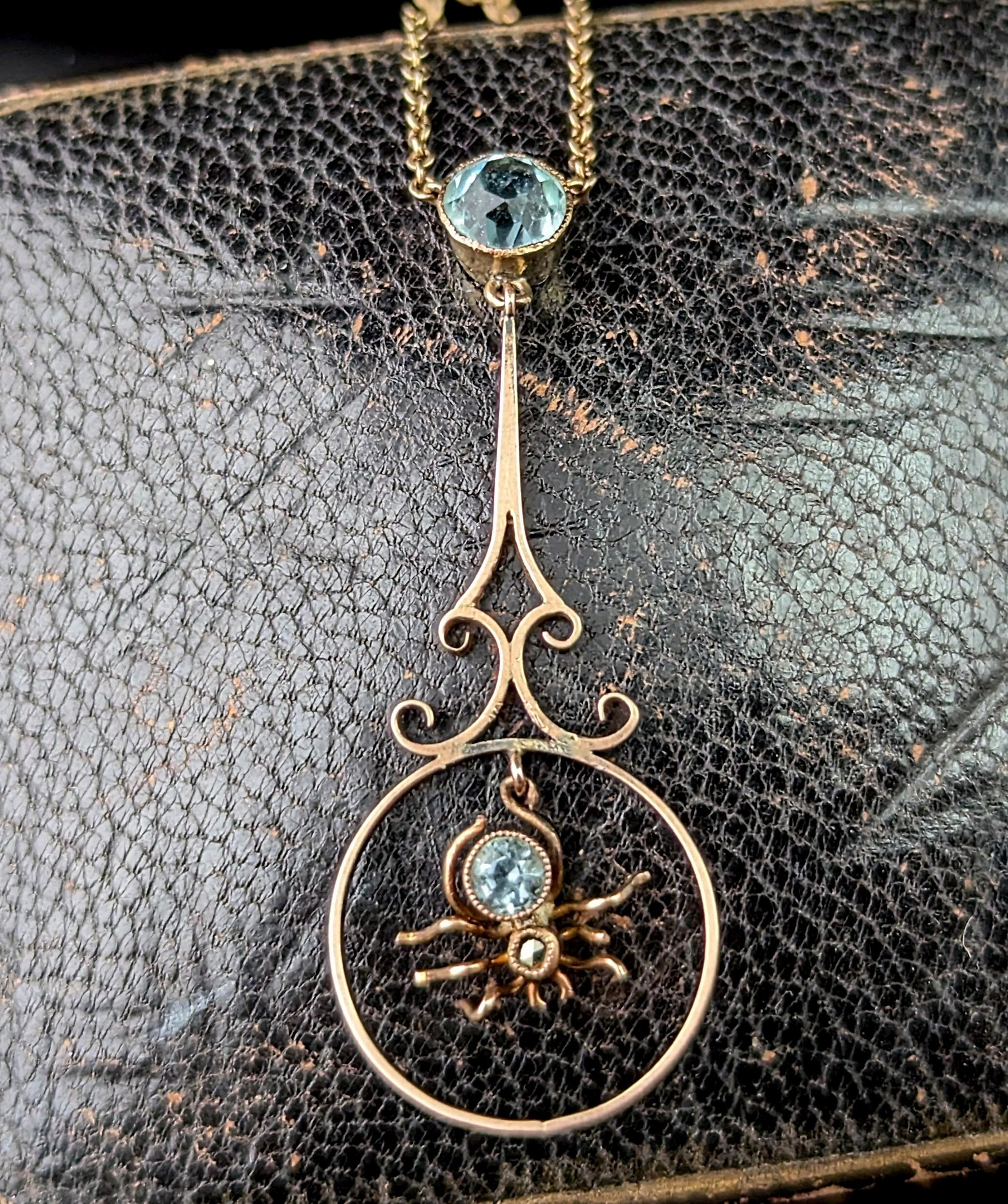 Edwardian Antique 9k Rose gold Spider pendant necklace, Blue paste For Sale
