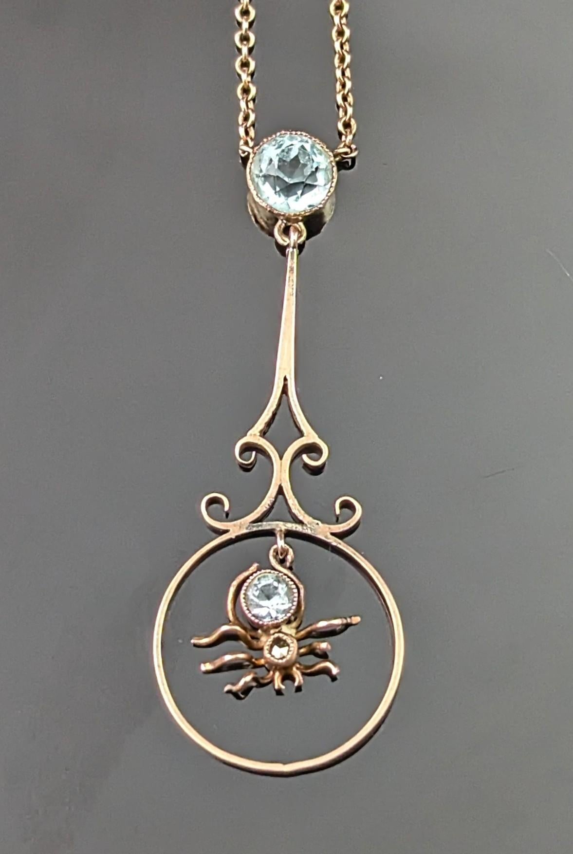 Antique 9k Rose gold Spider pendant necklace, Blue paste In Good Condition For Sale In NEWARK, GB
