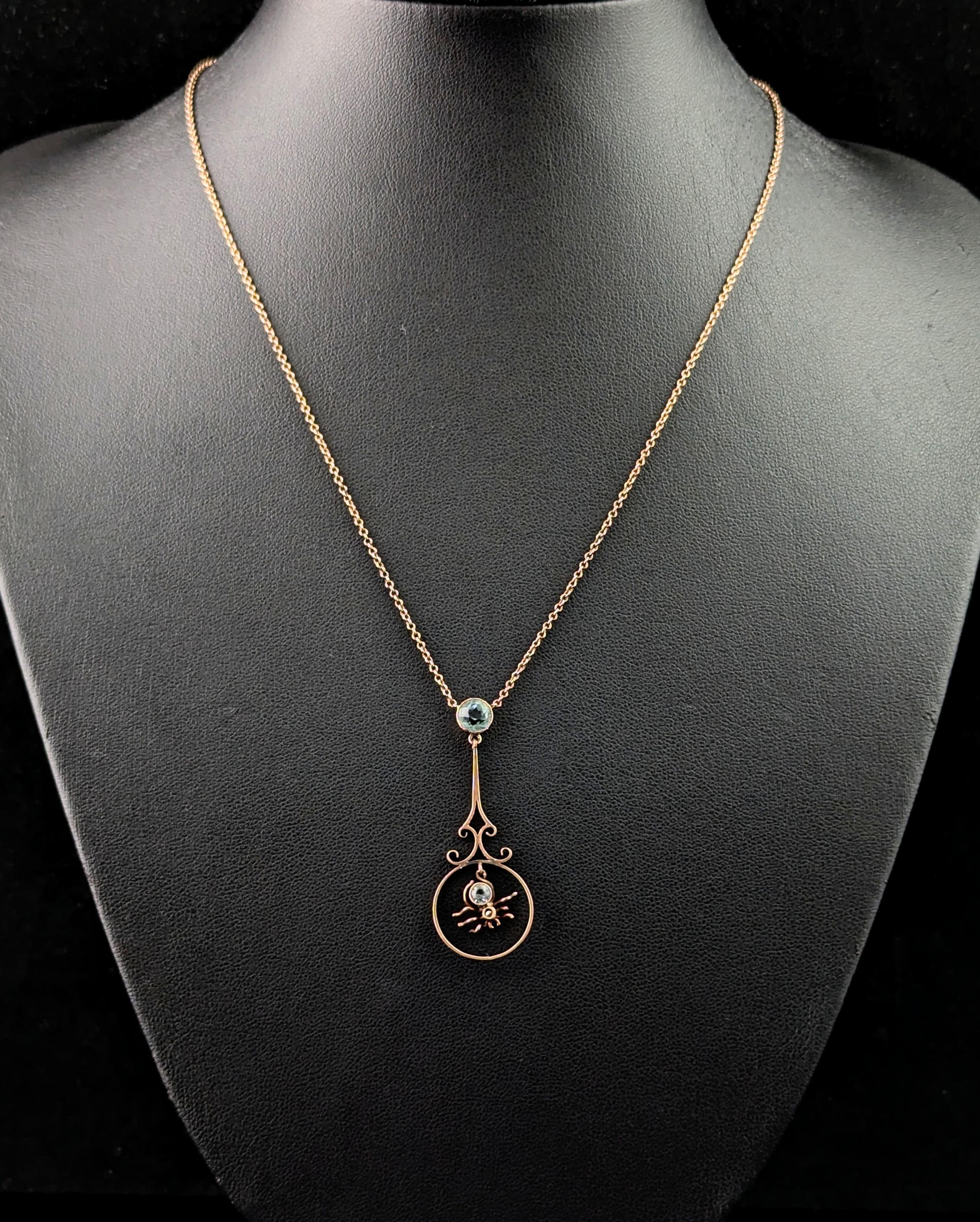 Antique 9k Rose gold Spider pendant necklace, Blue paste For Sale 3