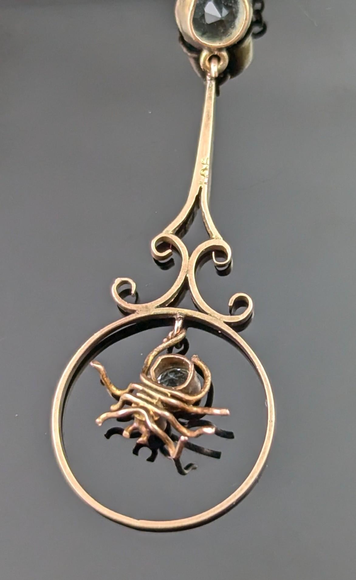 Antique 9k Rose gold Spider pendant necklace, Blue paste For Sale 4