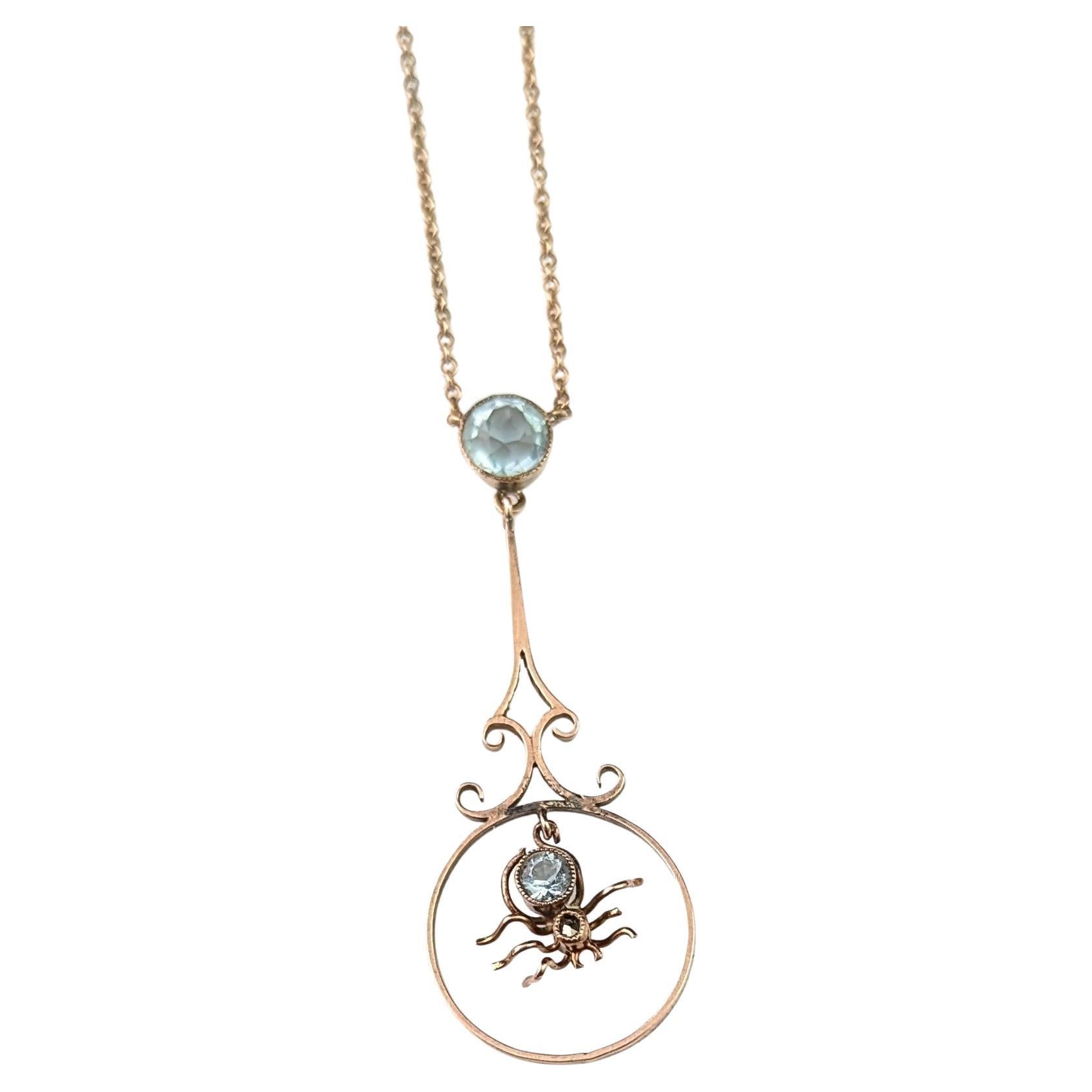 Antique 9k Rose gold Spider pendant necklace, Blue paste