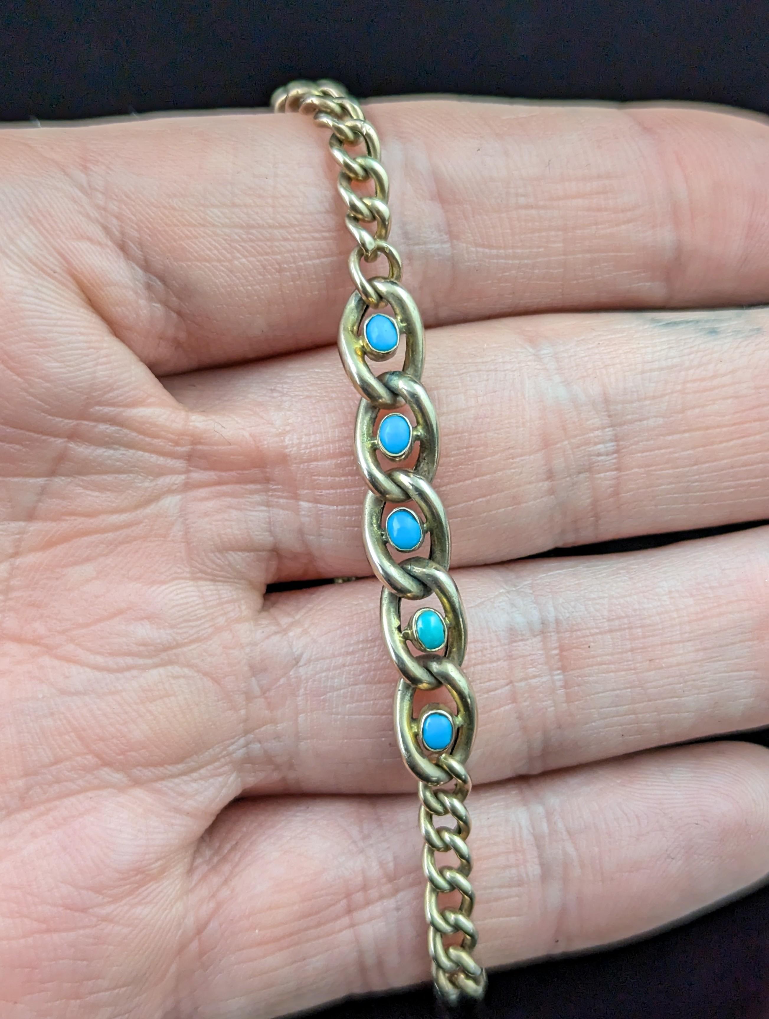 Antique 9k Rose gold Turquoise curb link bracelet 4