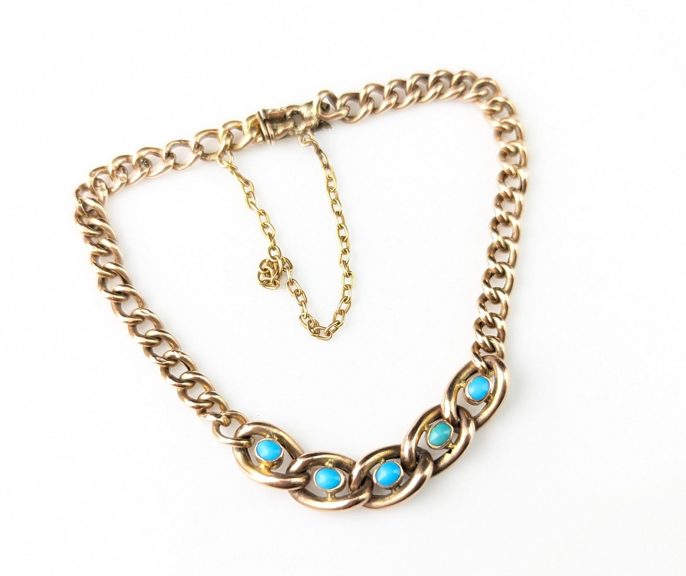 Antique 9k Rose gold Turquoise curb link bracelet 5