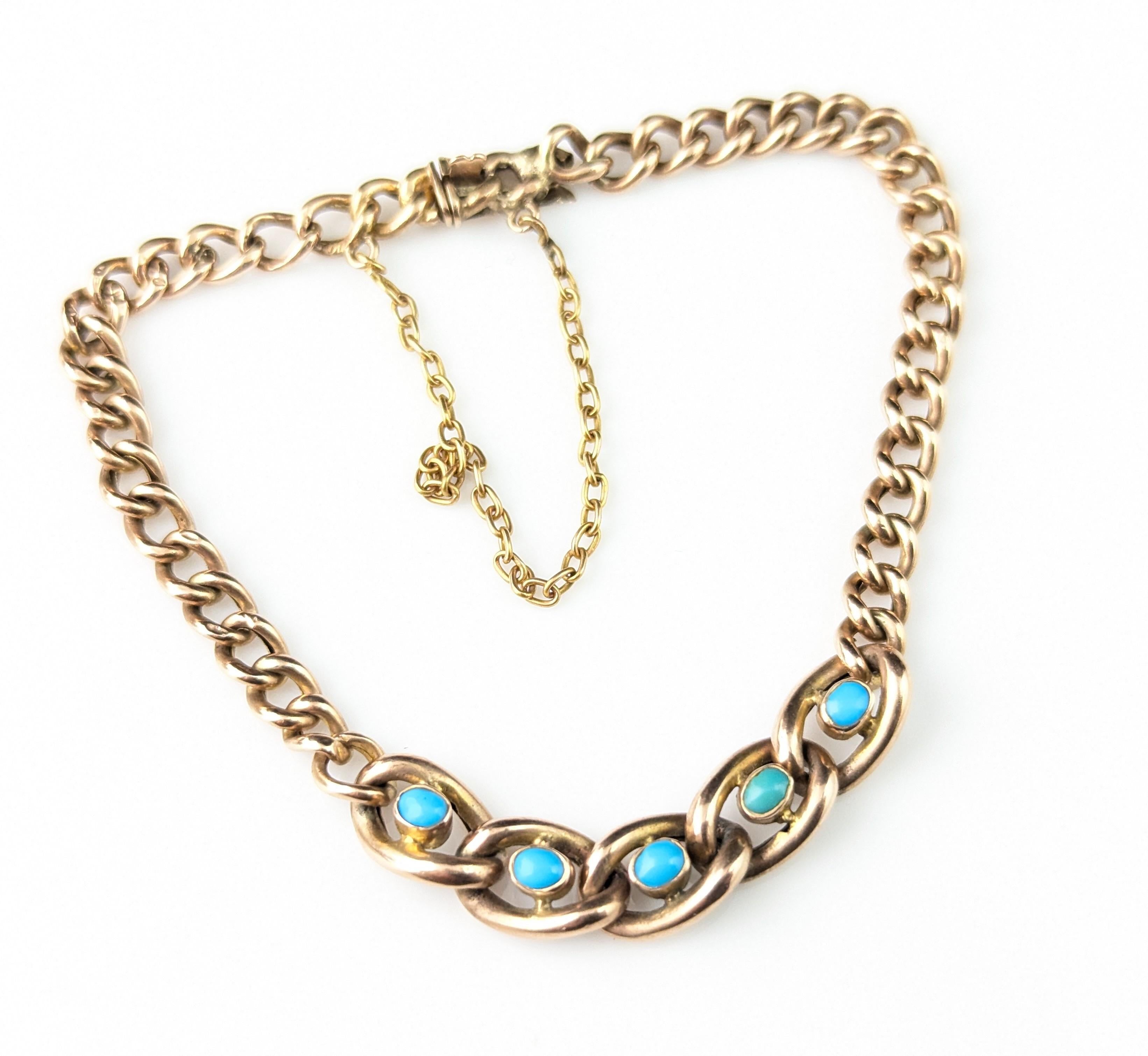 Antique 9k Rose gold Turquoise curb link bracelet 8