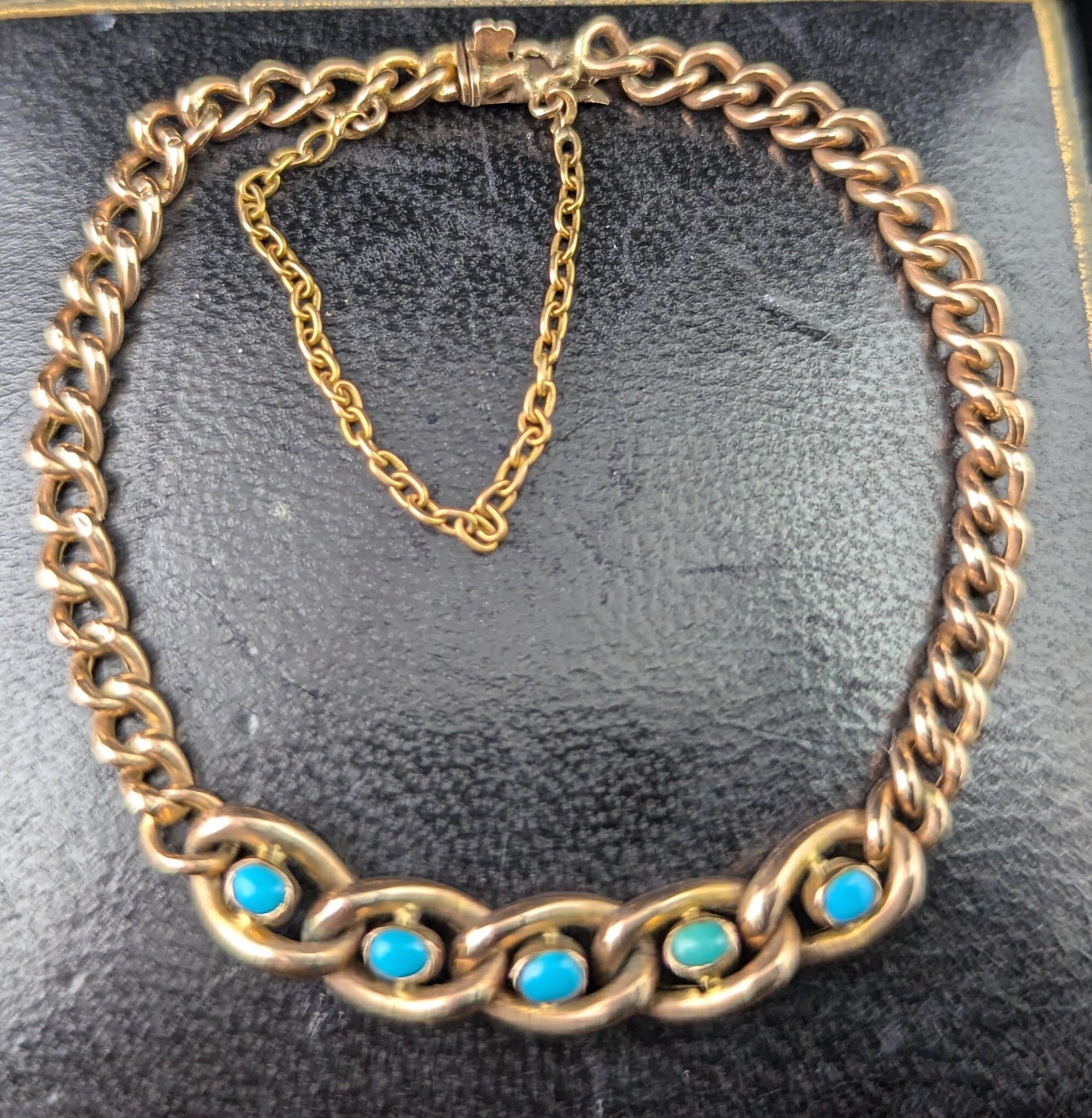 Edwardian Antique 9k Rose gold Turquoise curb link bracelet