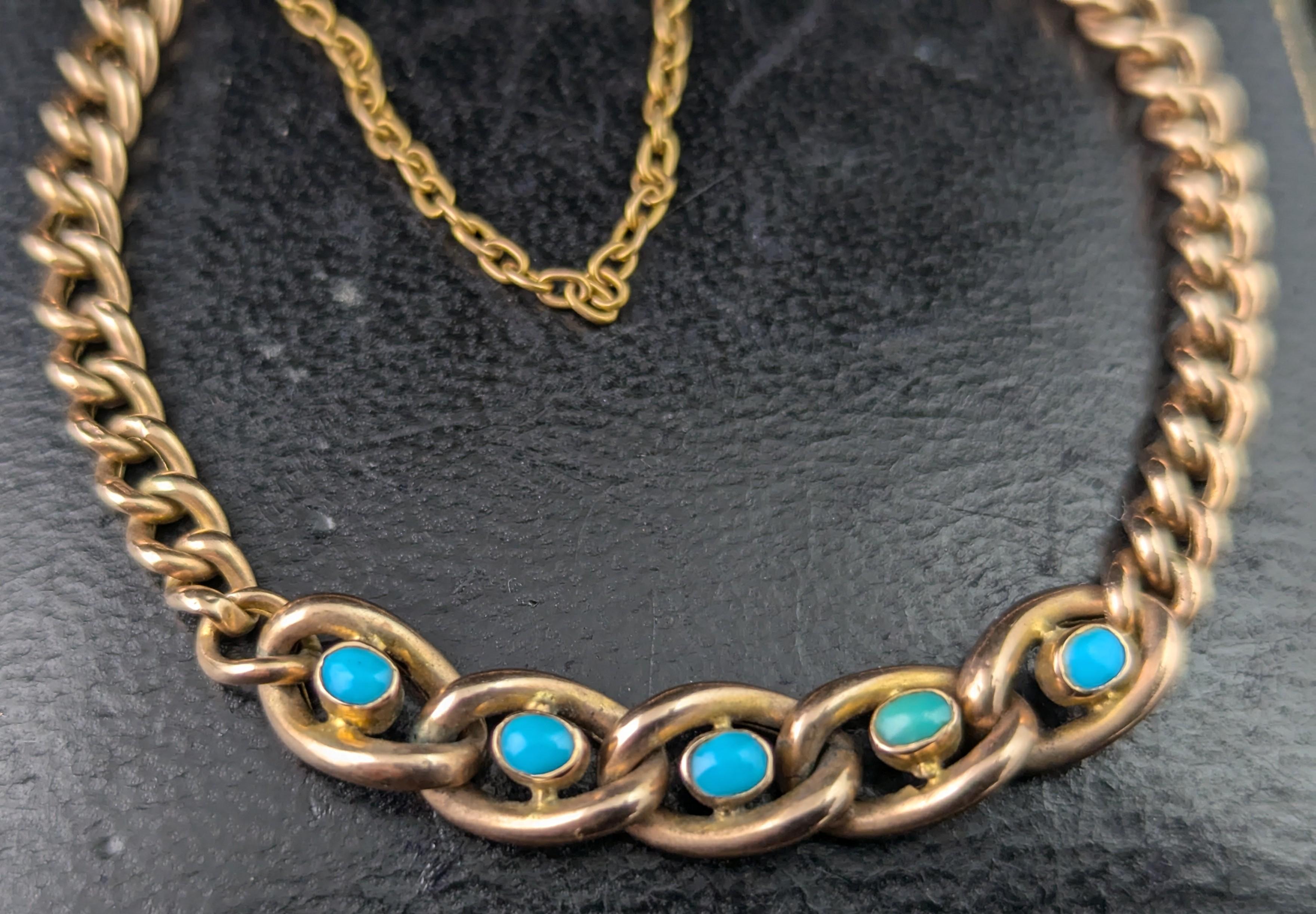 Antique 9k Rose gold Turquoise curb link bracelet In Good Condition In NEWARK, GB