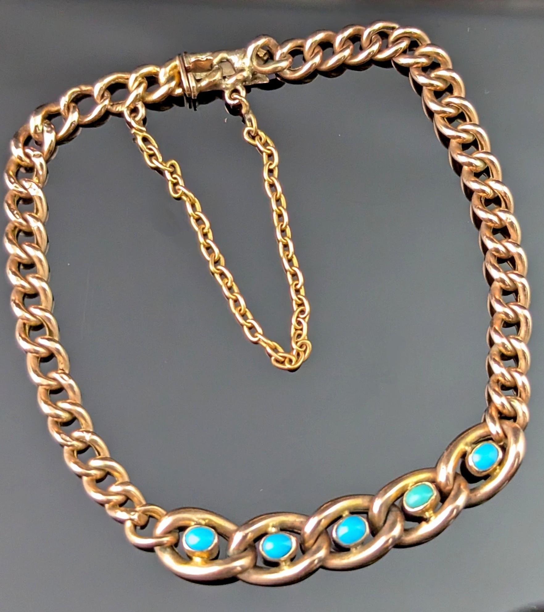 Antique 9k Rose gold Turquoise curb link bracelet 1
