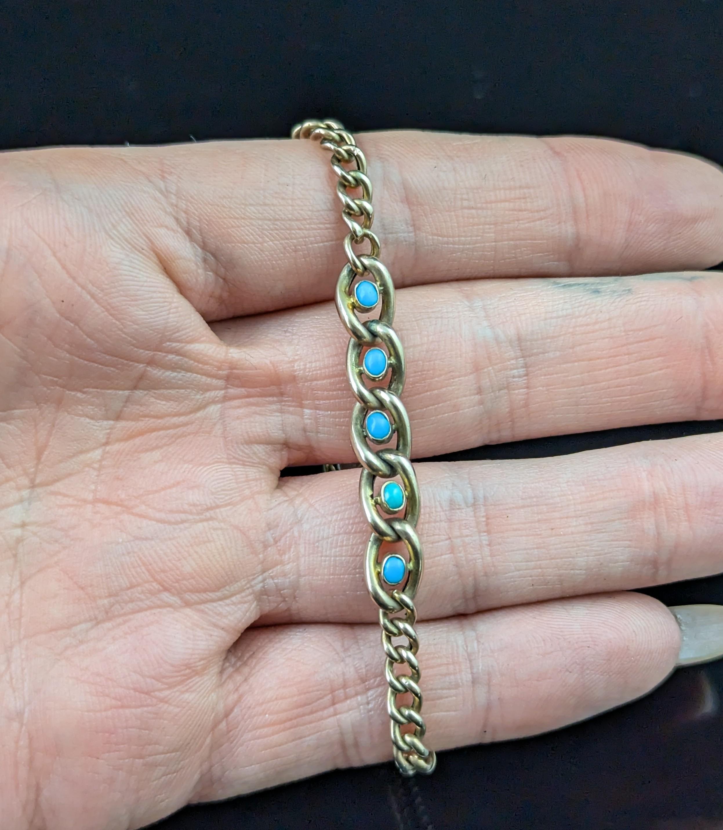 Antique 9k Rose gold Turquoise curb link bracelet 3