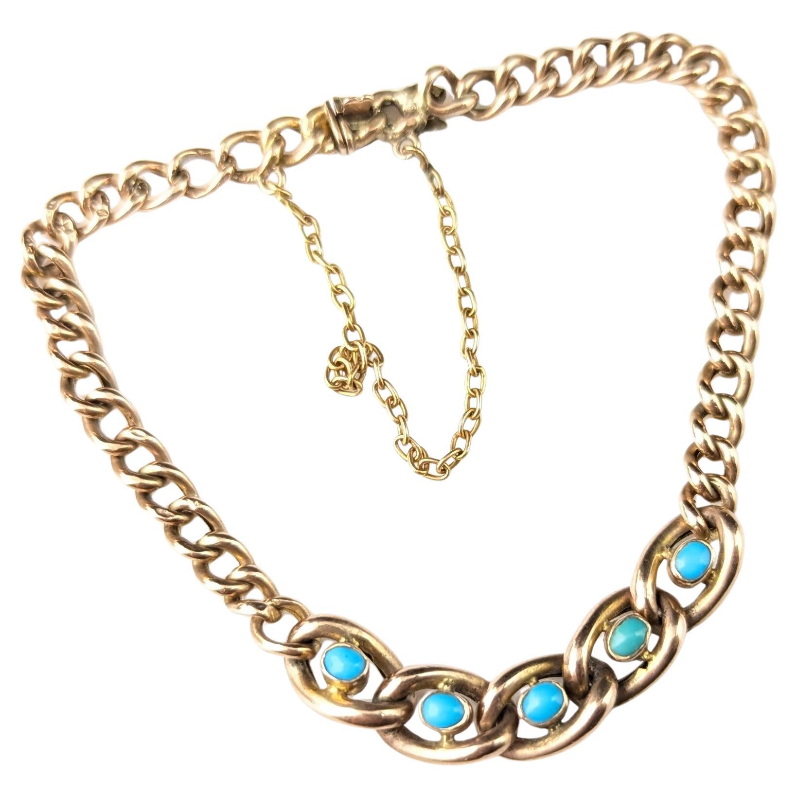 Antique 9k Rose gold Turquoise curb link bracelet