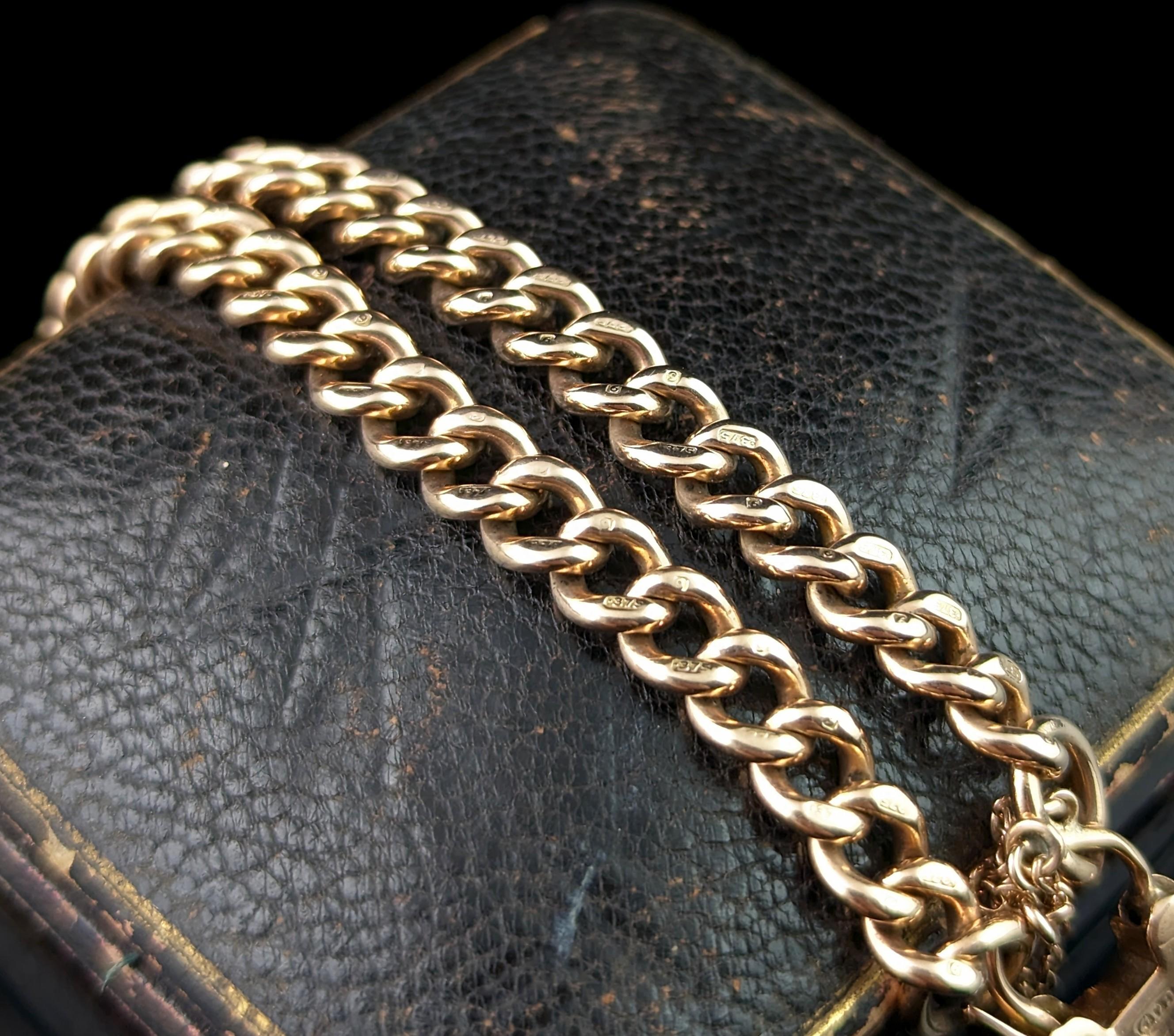 Antique 9k solid gold curb bracelet, Edwardian, heart padlock clasp  6