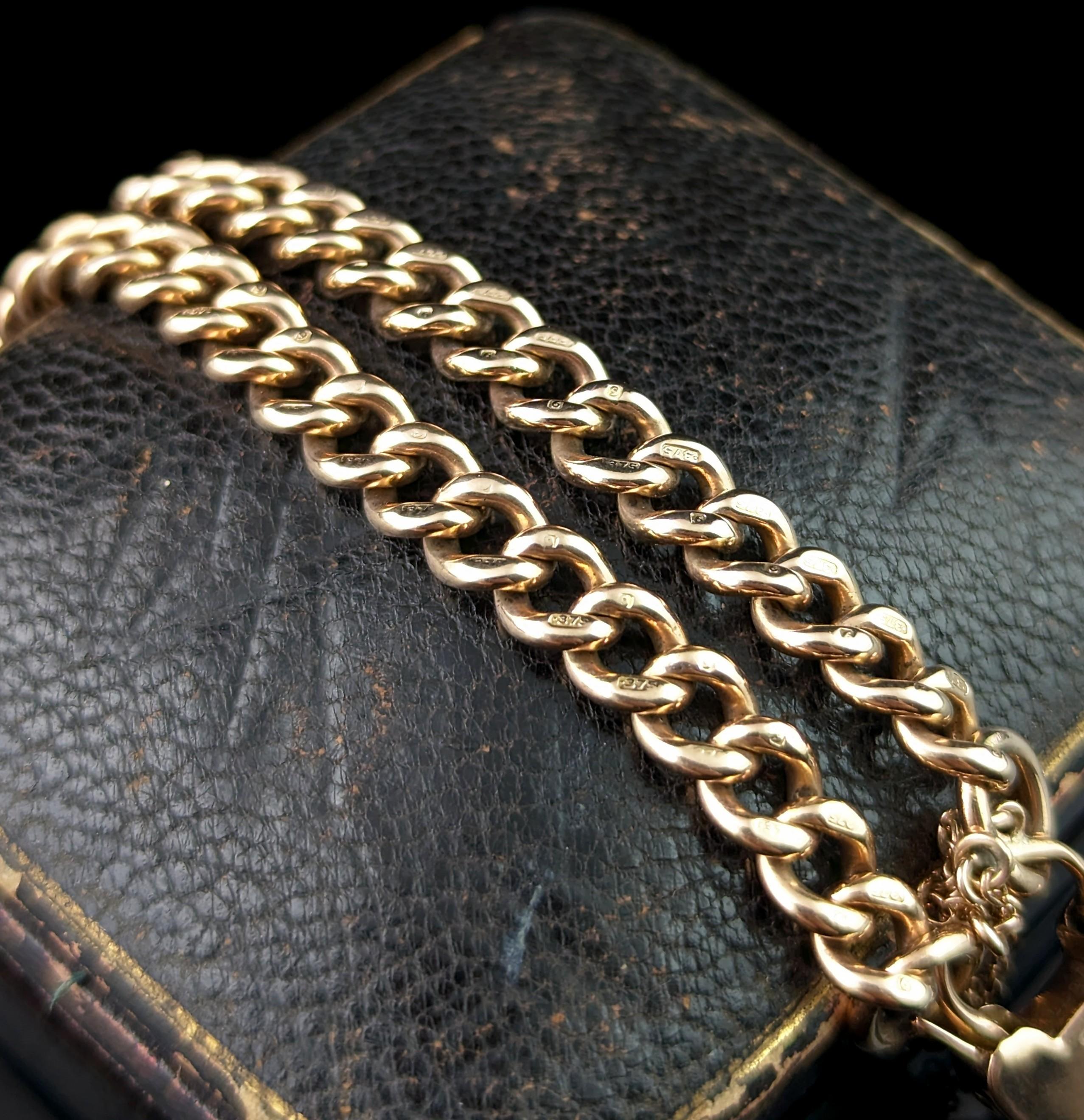 Antique 9k solid gold curb bracelet, Edwardian, heart padlock clasp  7