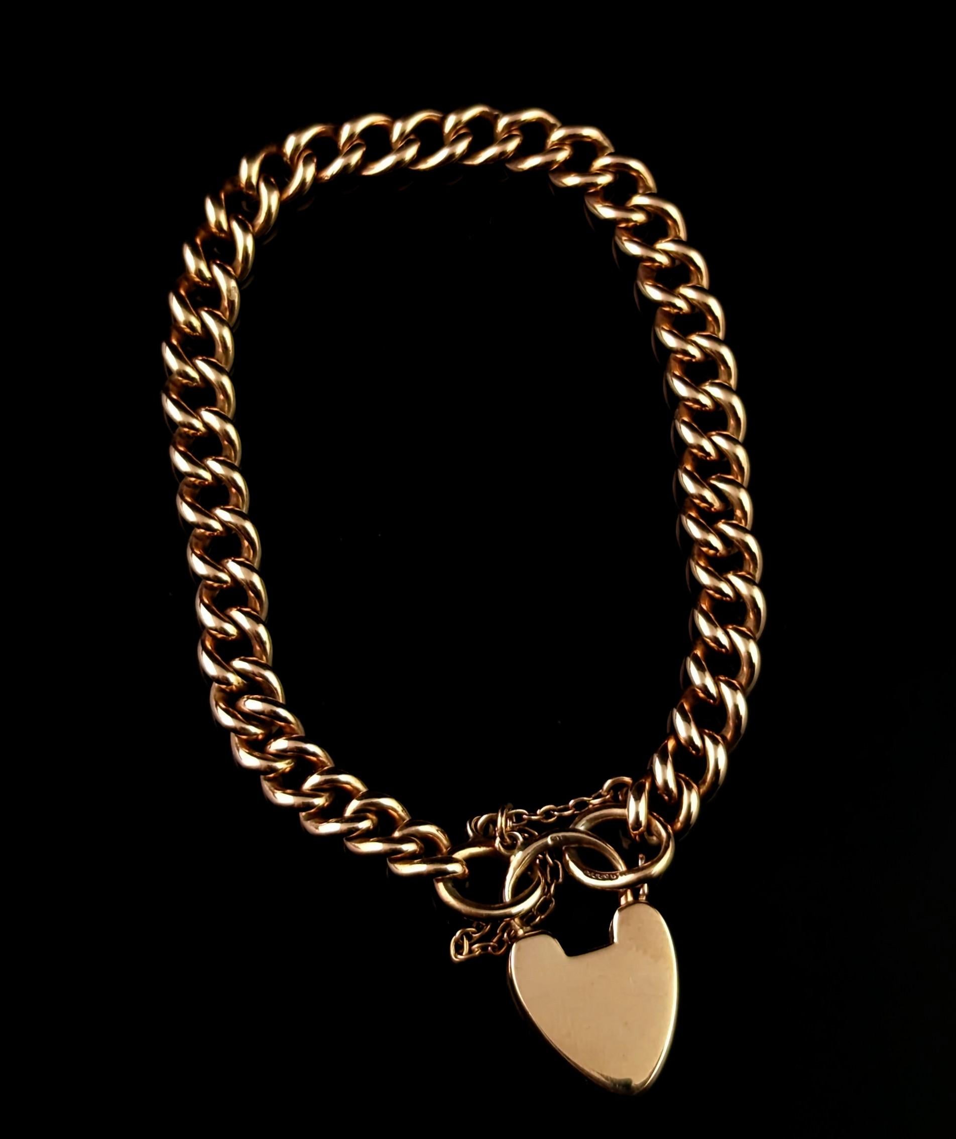 Antique 9k solid gold curb bracelet, Edwardian, heart padlock clasp  8