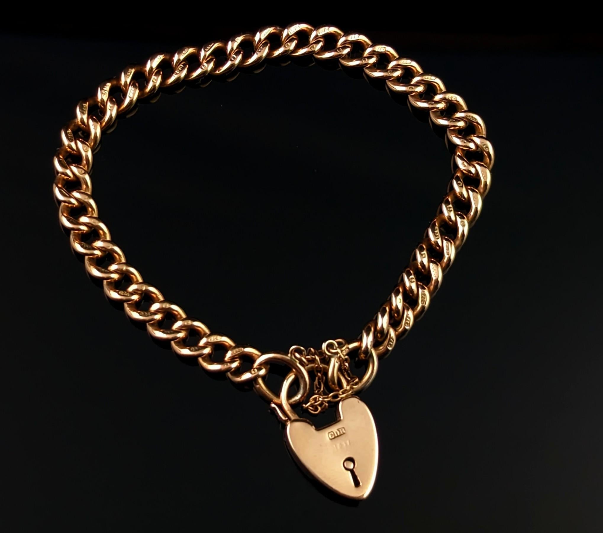 Antique 9k solid gold curb bracelet, Edwardian, heart padlock clasp  10
