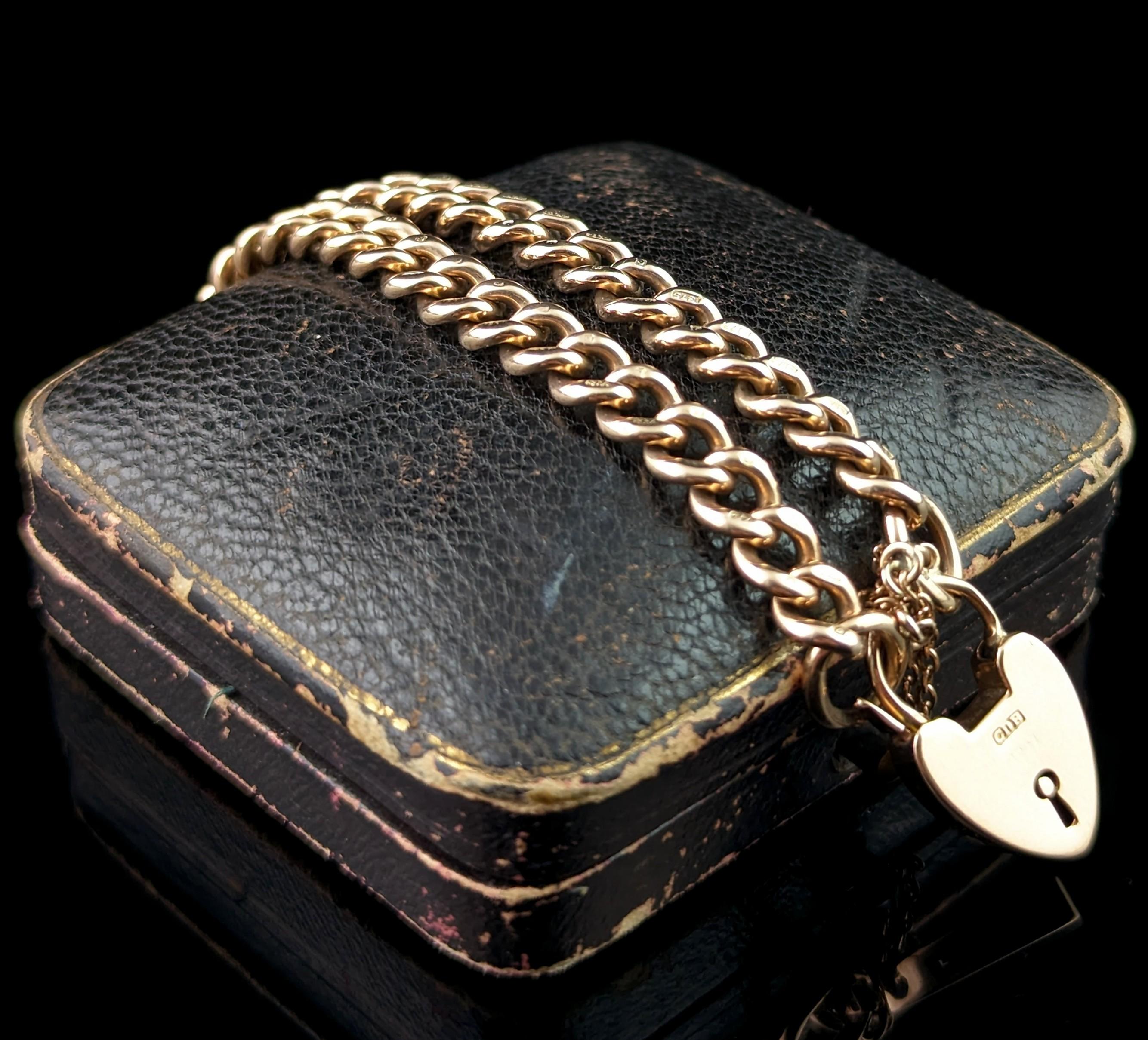 Women's Antique 9k solid gold curb bracelet, Edwardian, heart padlock clasp 