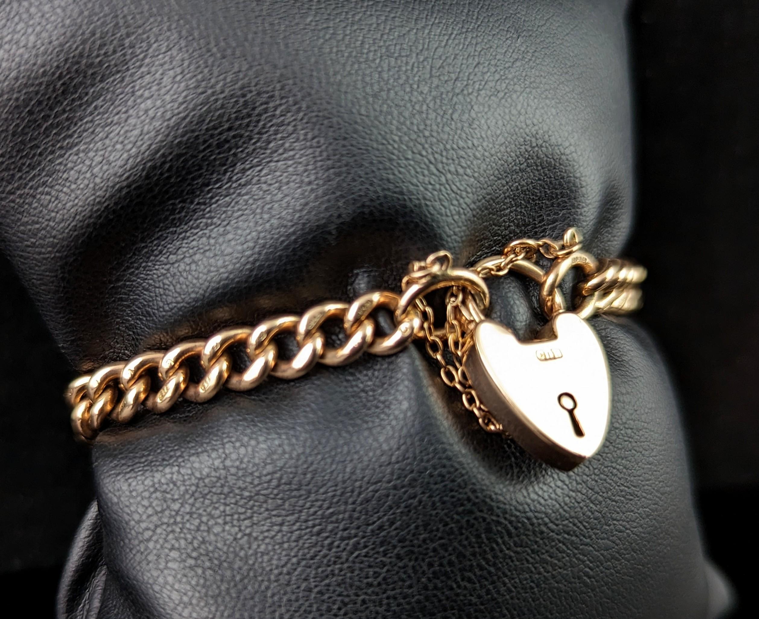 Antique 9k solid gold curb bracelet, Edwardian, heart padlock clasp  2