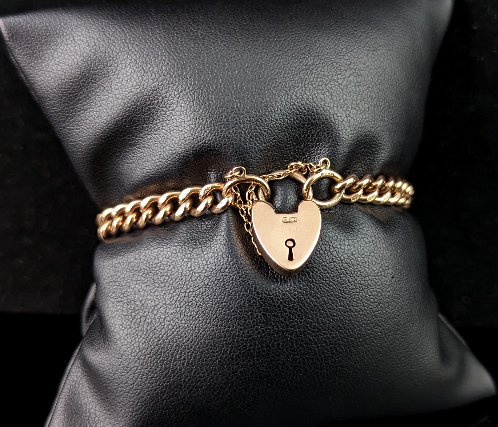 Antique 9k solid gold curb bracelet, Edwardian, heart padlock clasp  3