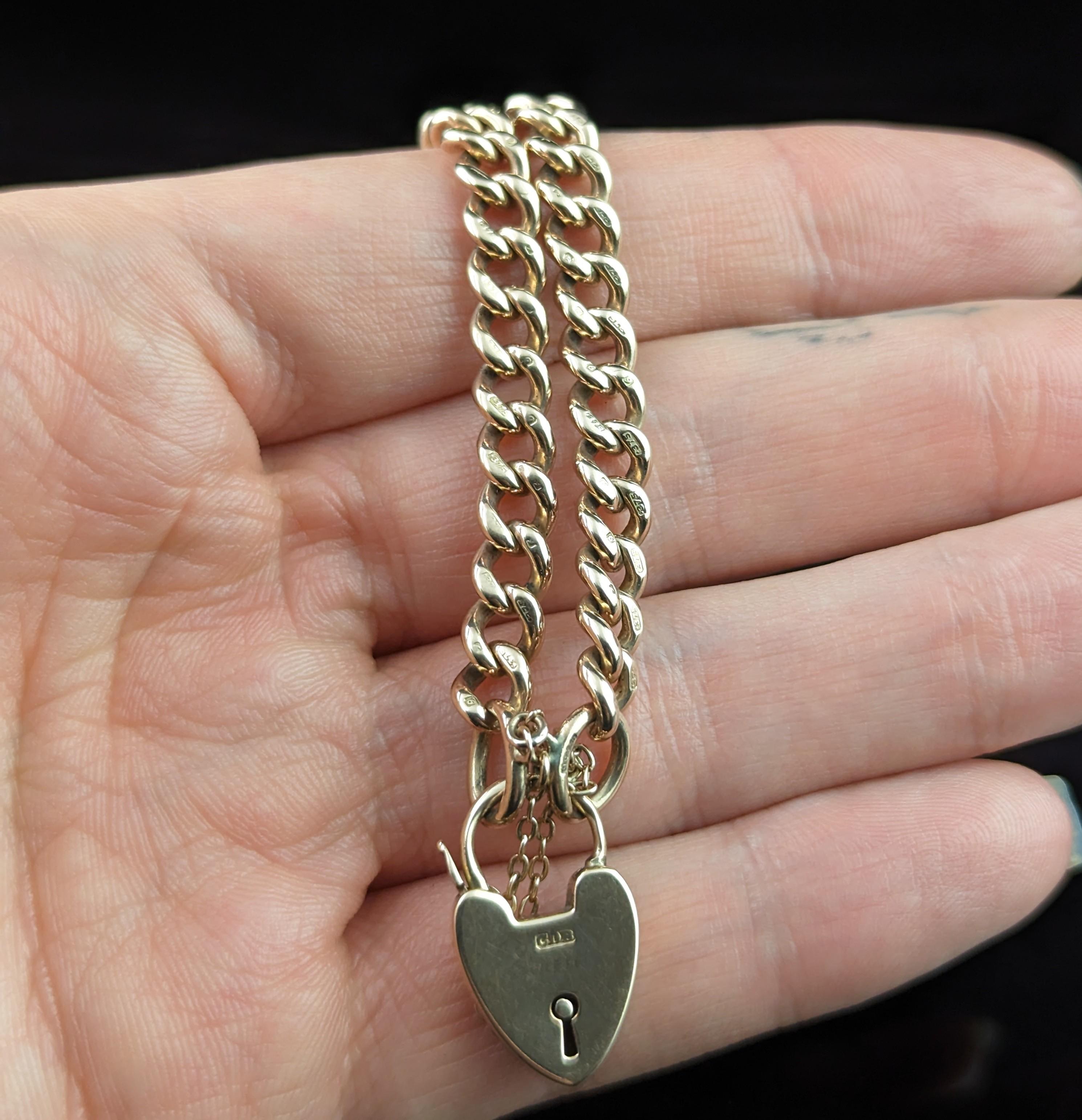 Antique 9k solid gold curb bracelet, Edwardian, heart padlock clasp  4