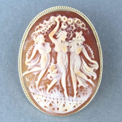 Antique 9k Yellow Gold Cameo Brooch of Dancing Women, Circa 1880