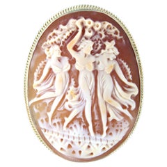 Antique 9k Yellow Gold Cameo Brooch of Dancing Women, Circa 1880