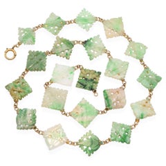 Antique 9k Yellow Gold Carved Jadeite Necklace