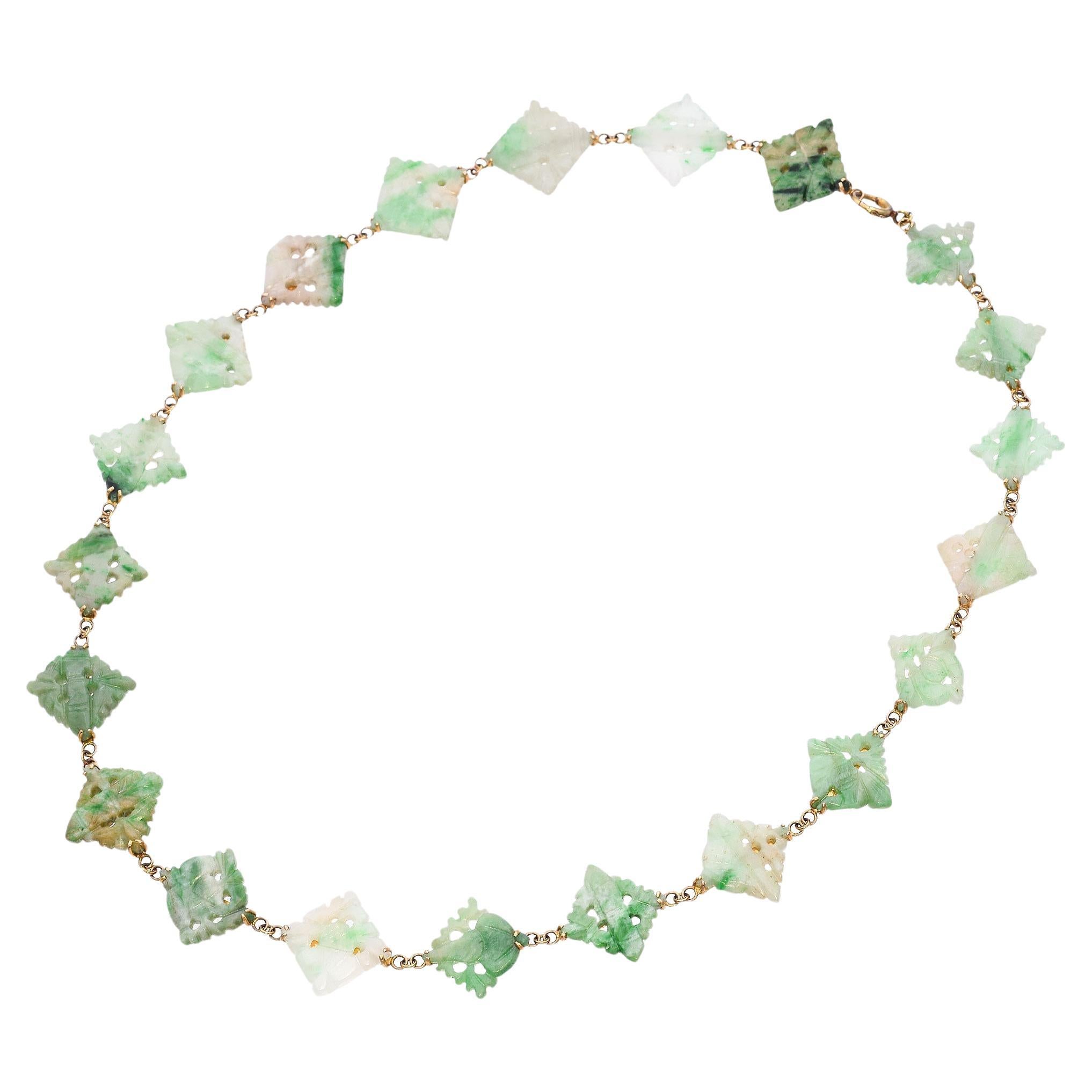 Antique 9k Yellow Gold Carved Jadeite Necklace