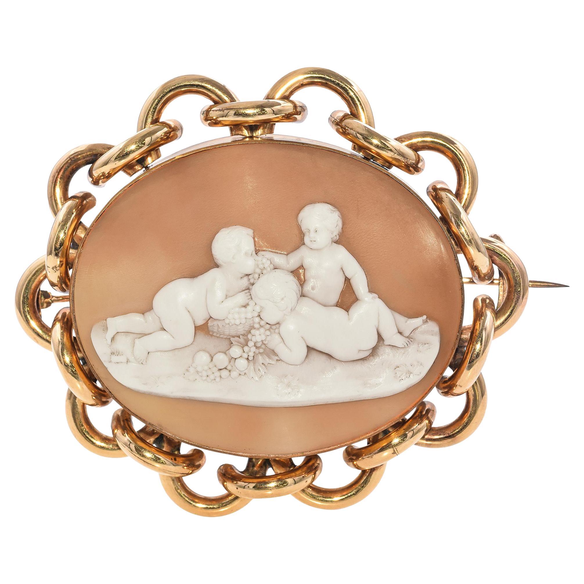 Antique 9K Yellow Gold Cherub with Grapes Shell Cameo Brooch