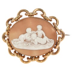 Antique 9K Yellow Gold Cherub with Grapes Shell Cameo Brooch