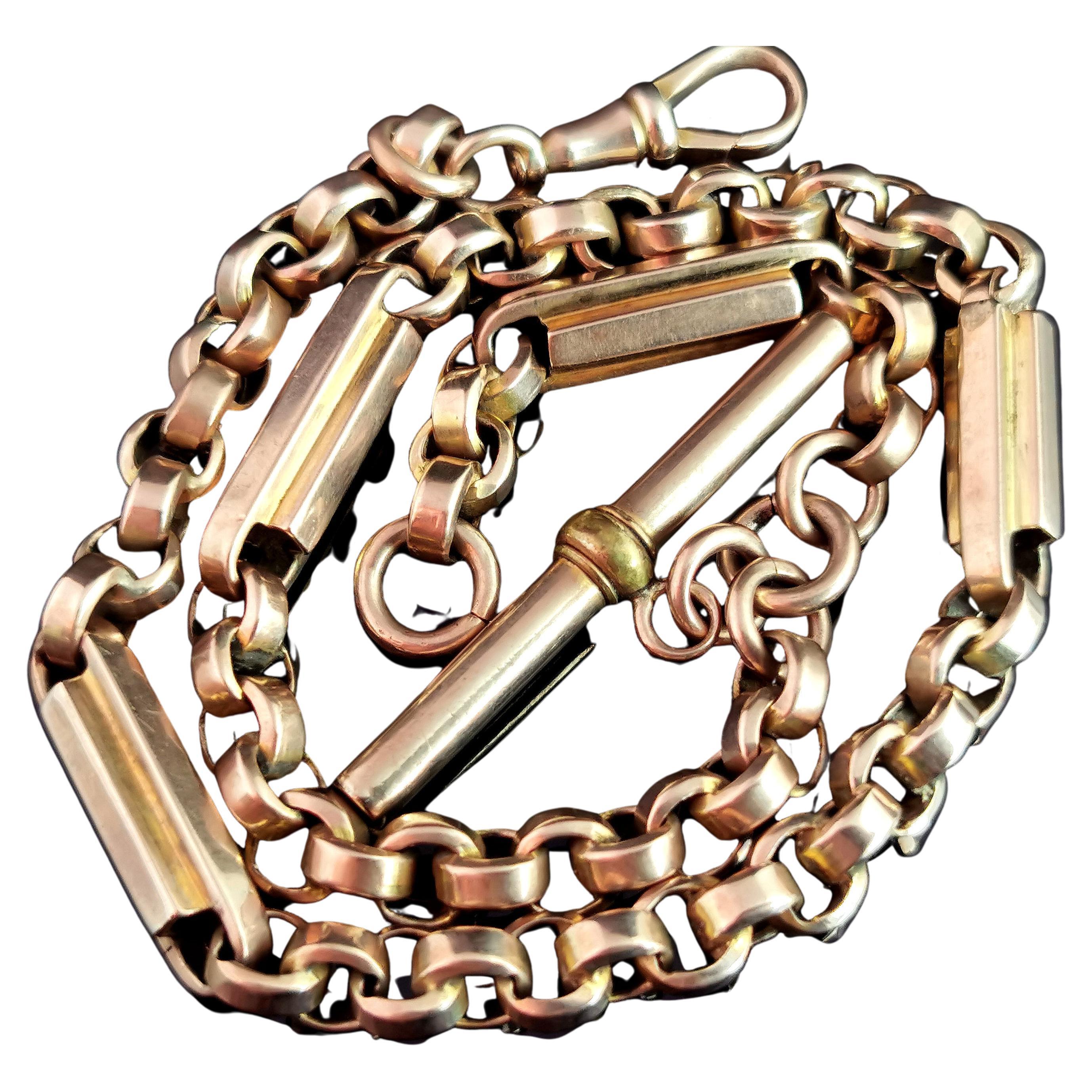 Antique 9k Yellow Gold Fancy Link Albert Chain, Watch Chain