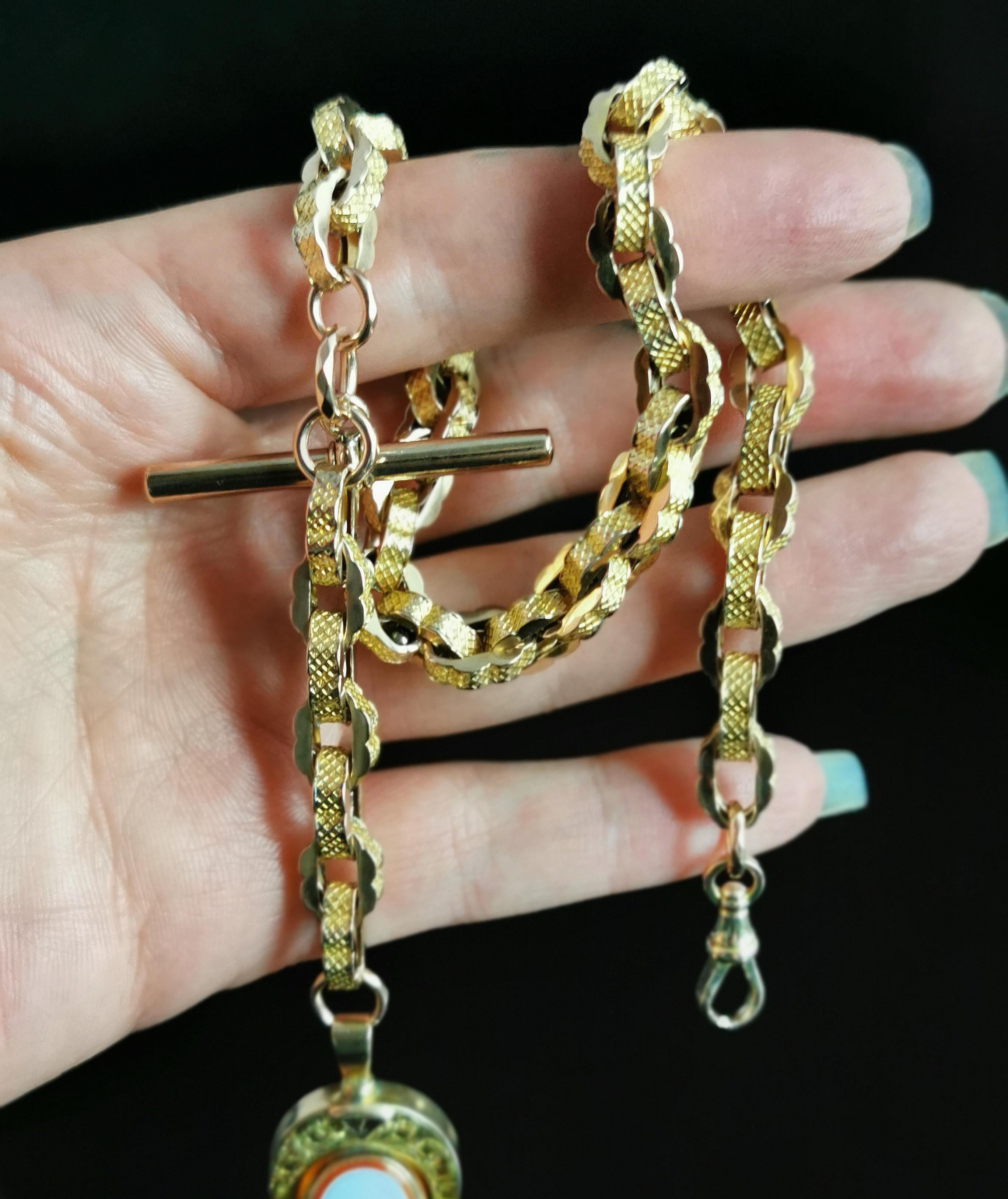 Antique 9k Yellow Gold Fancy Link Albert Chain, Watch Chain, Horseshoe Fob 3