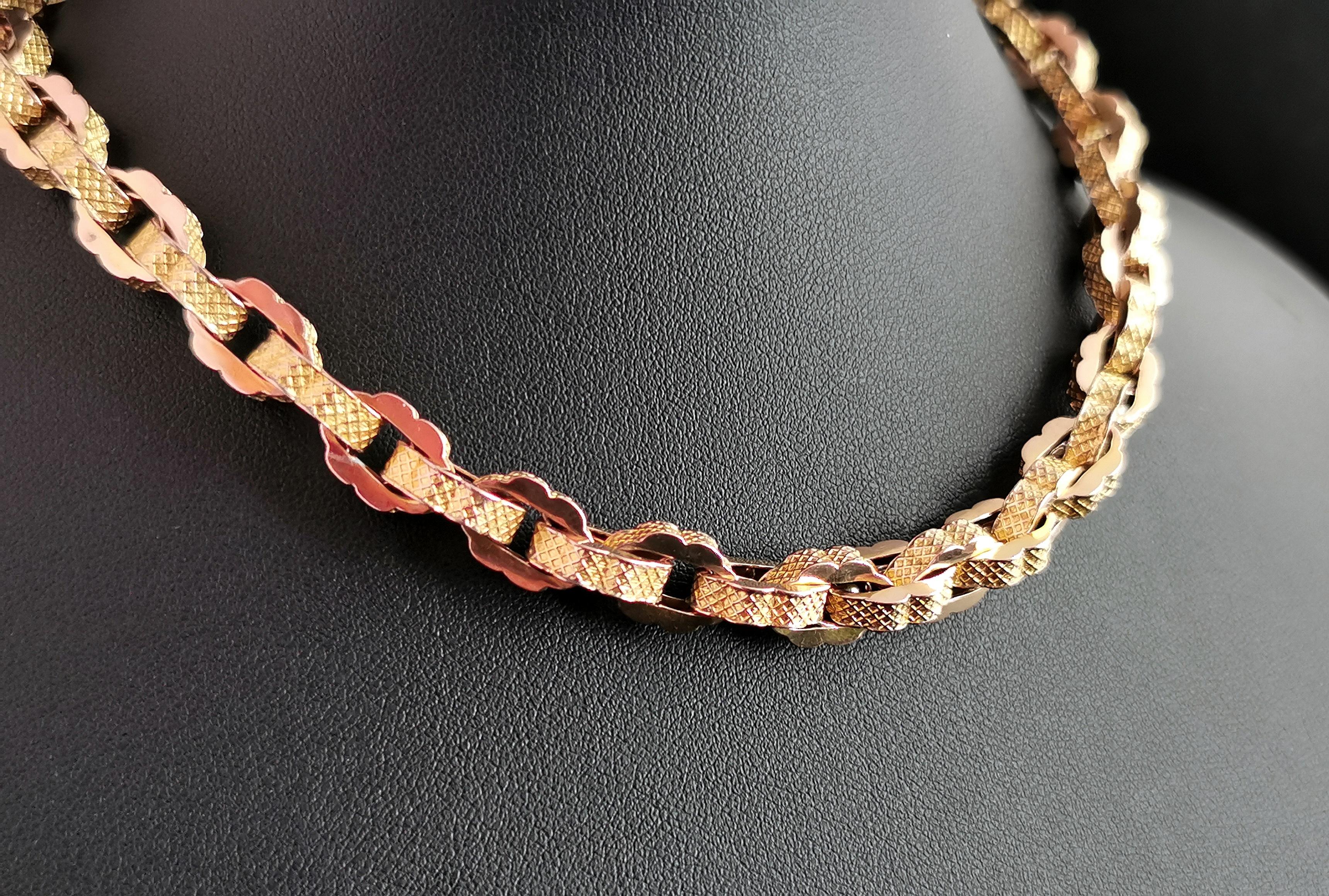 Antique 9k Yellow Gold Fancy Link Albert Chain, Watch Chain, Horseshoe Fob 9