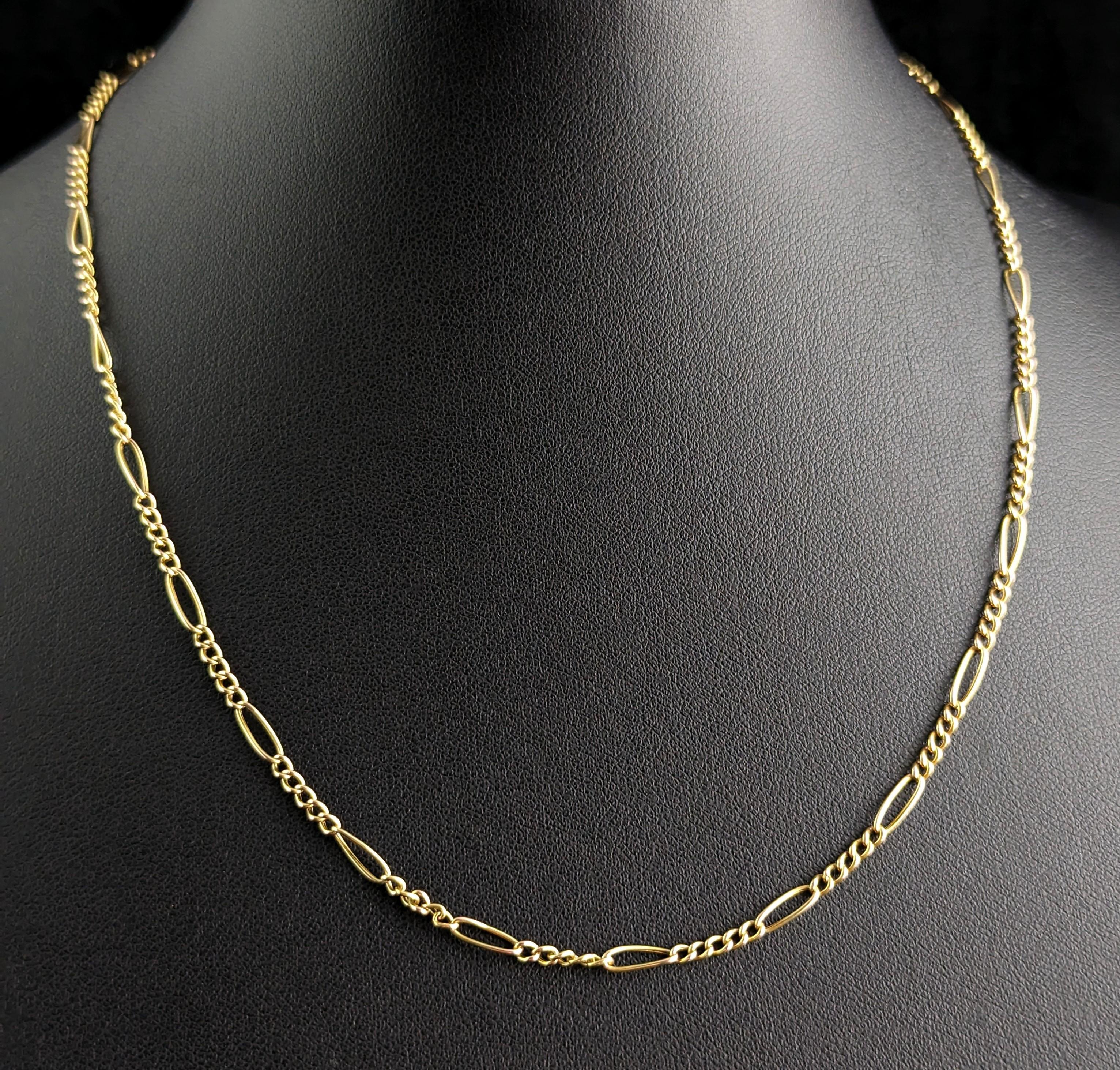 Antique 9k Yellow Gold Figaro Chain Necklace, Edwardian 8