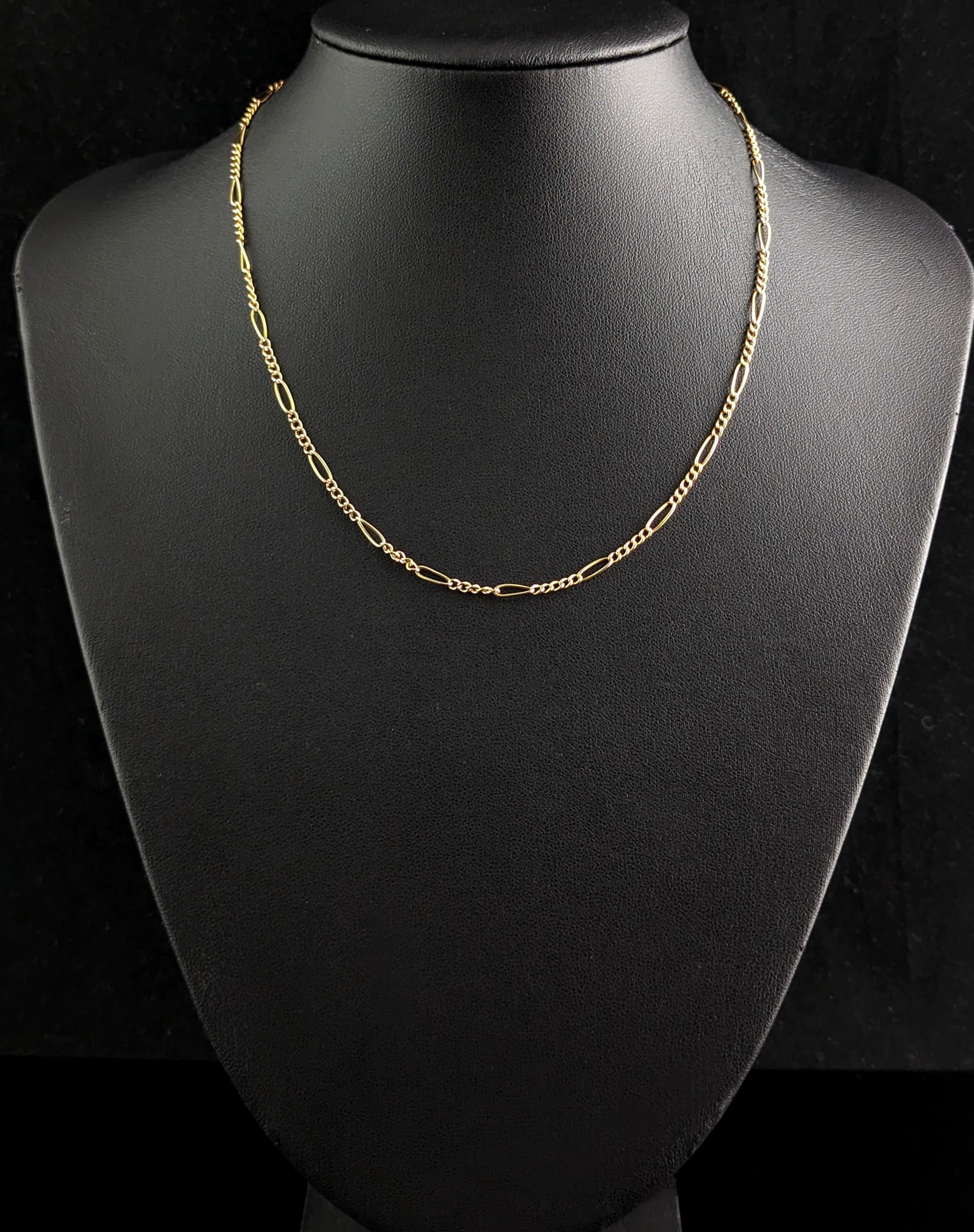 Antique 9k Yellow Gold Figaro Chain Necklace, Edwardian 1