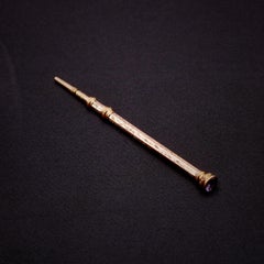 Antique 9K Yellow Gold Floral Engraved Propelling Pencil, with Amethyst Terminal