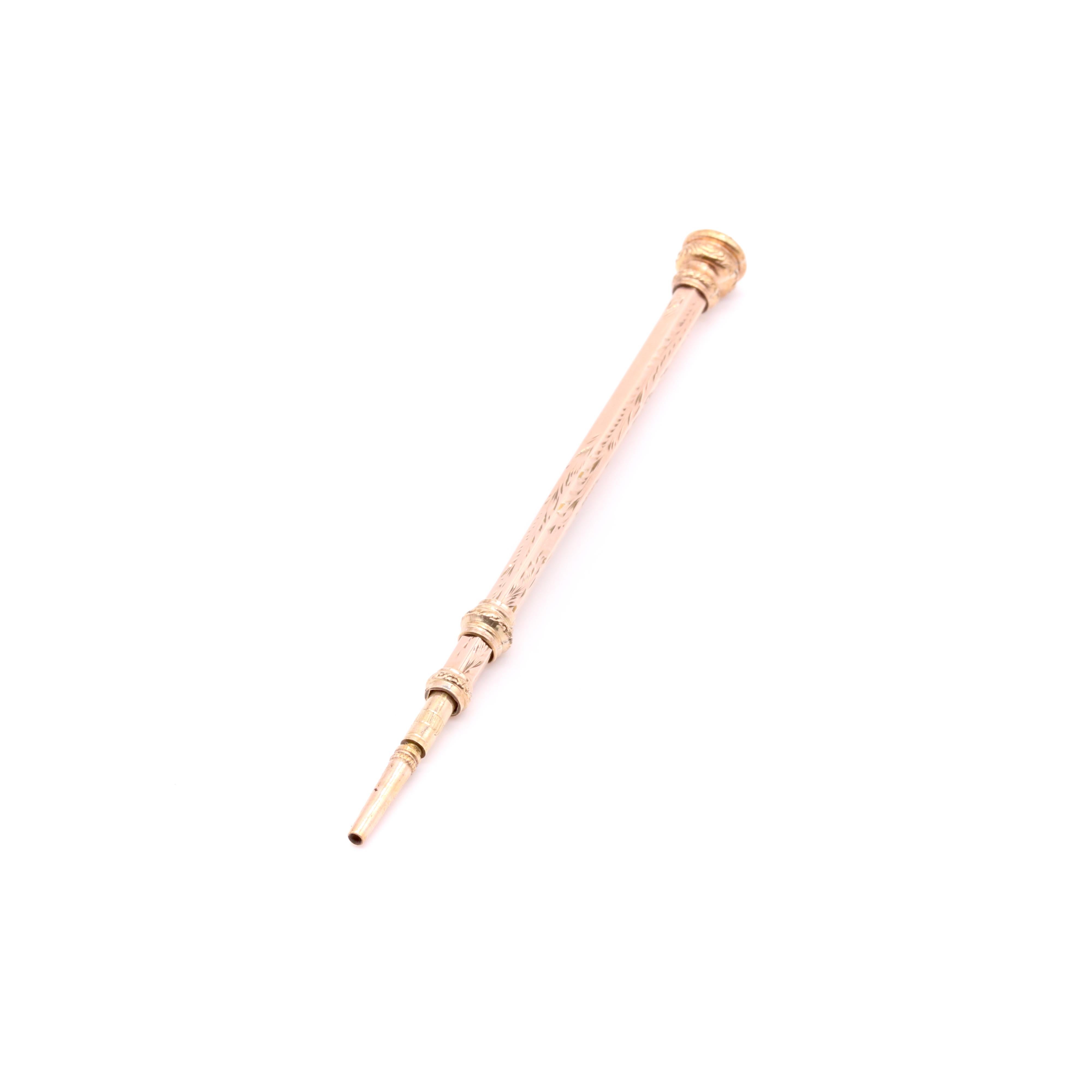 Antiker floral gravierter Drehbleistift aus 9K Gelbgold, mit Amethyst-Endstück (Edwardian) im Angebot