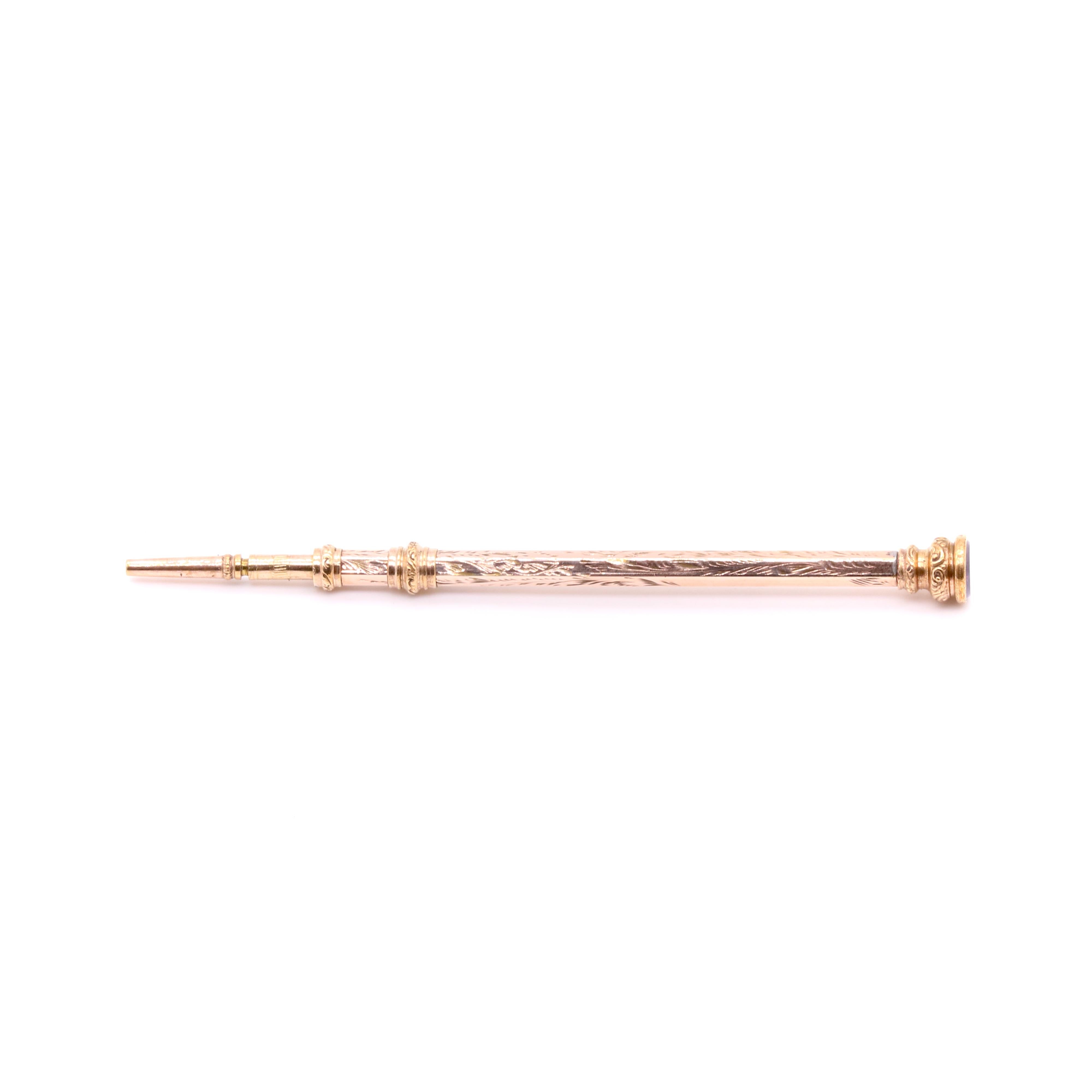 Antiker floral gravierter Drehbleistift aus 9K Gelbgold, mit Amethyst-Endstück im Zustand „Gut“ im Angebot in Staines-Upon-Thames, GB