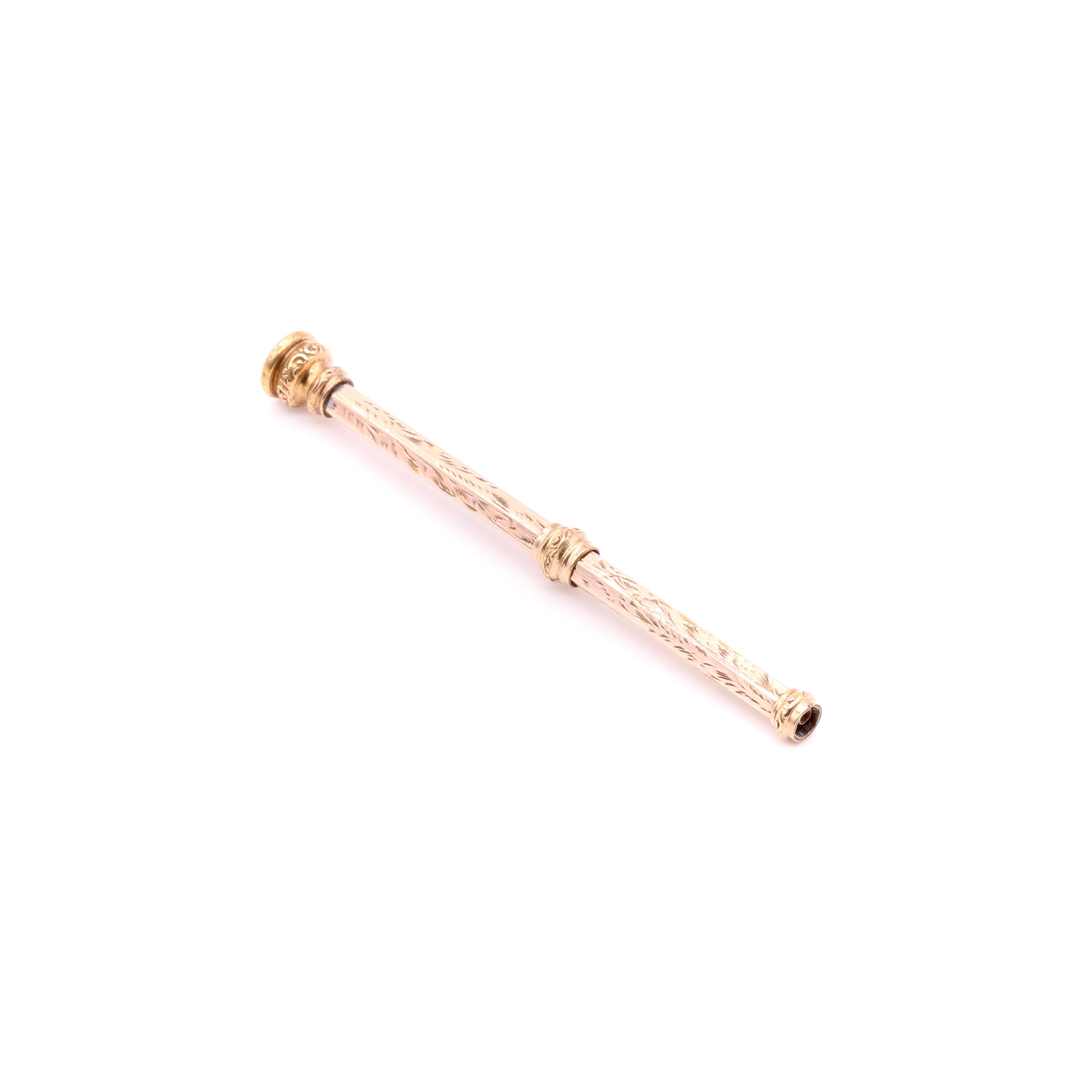 Antiker floral gravierter Drehbleistift aus 9K Gelbgold, mit Amethyst-Endstück im Angebot 1