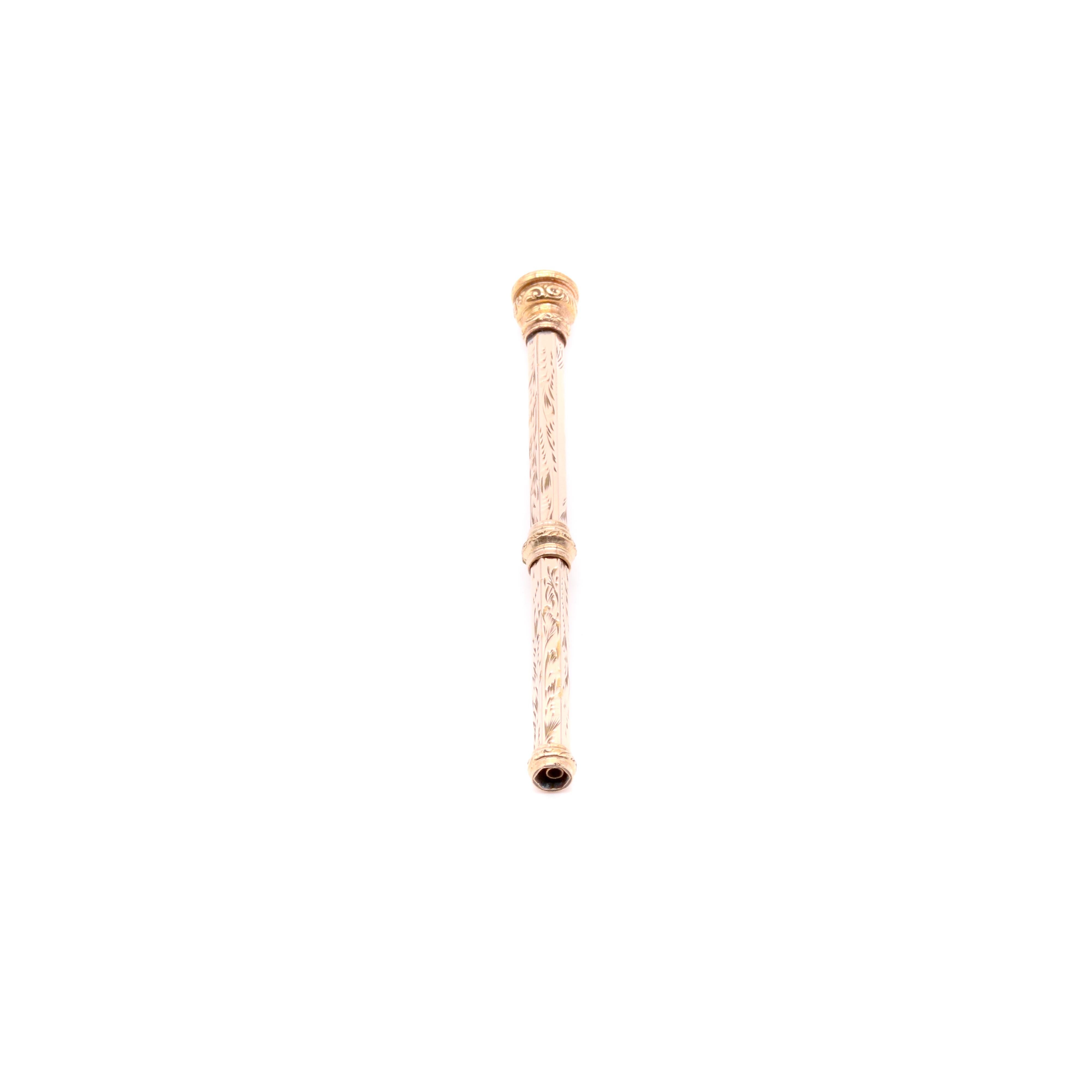 Antiker floral gravierter Drehbleistift aus 9K Gelbgold, mit Amethyst-Endstück im Angebot 3